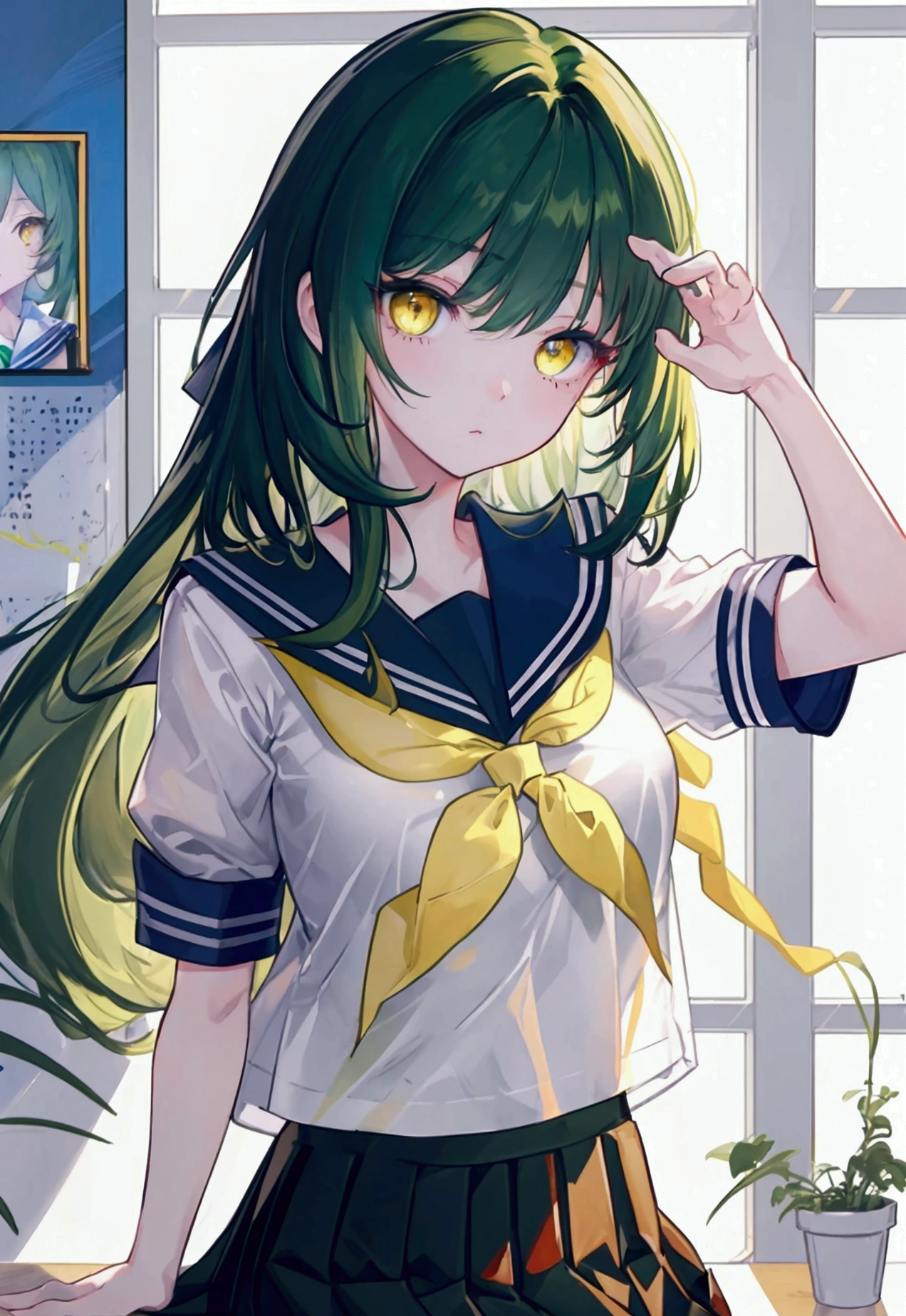 {{{{masterpiece}}}}, {{{Very detailed}}}, {{{high resolution}}}, {{Good anatomy}}, (((best quality))),((Yellow eyes,Dark green hair)),{{Extremely detailed and reFined}}, {4K CG wallpaper}, {{illustration}}, ((Green Hair,JK)),((Looking out the window,in school)),(((Face portrait,detailed Face,Bigger eyeballs,permanent,Break))),(Long hair|Fine hair|Bangs|Shiny hair),(((serafuku,Sailor shirt,skirt))),{{{emotionless Face,Cheng Lian,JK,1 female:1),(Small Breasts),master lighting,permanent on the edge oF mountain,((The details are complicated、Shallow depth oF Field、light、ReFlectors、Canon EOS R5、50mm lens、F / 2.8、shot at 8k resolution))
