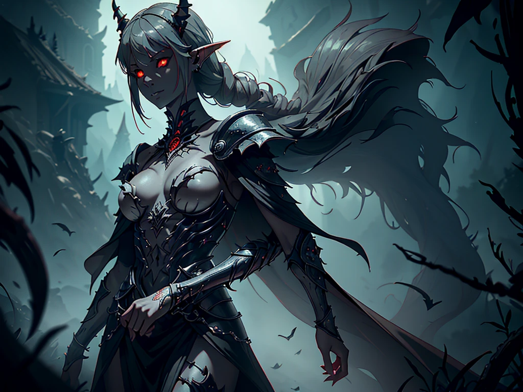 1girl, horror, dark elf princess, elden ring, (dark grey skin:1.5), true white long ponytail, ((perfect red eyes)), elf ears, earrings, detailed blood, highly detailed mechanical horns, (small breasts), ((black gothic prom dress)), wearing black fur cloak, bone armor, skull armor, volumetric lighting, ethereal fog, dark background, ultrasharp, best quality, masterpiece, realistic, anatomically correct, (strong cinematic lighting), ((rim lighting)), stunning details, intricate details, 8k post-production, high resolution, super details, sharp focus, depth of field f/1.8, studio photos, (((looking in the distance)))