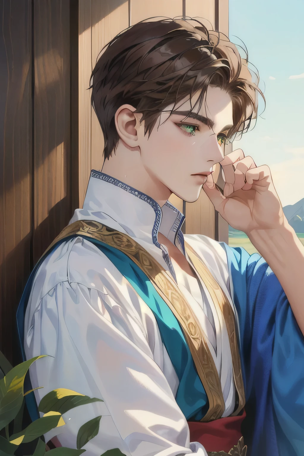 Male, short hair, brown hair like bark. Green eyes like leaves like a kind prince like a priestess