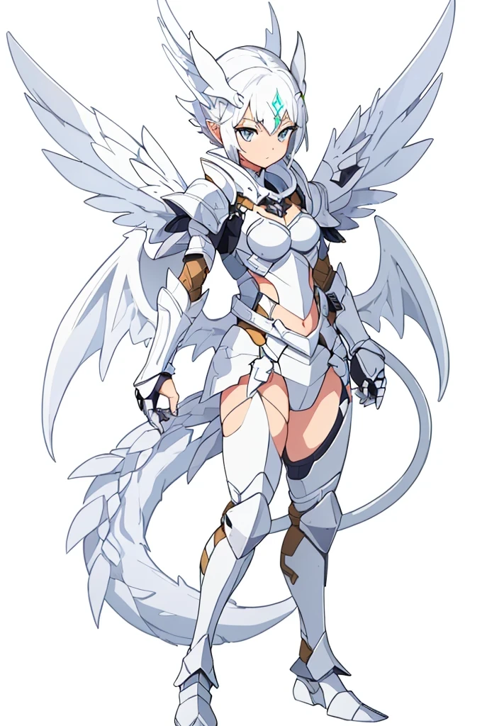 ((( white female knight armor))) dynamic pose,  white hair, white_accesories, , white eyes, long hair, (((white background))).full body, High resolution,  best quality, ,  several pairs of white wings,  white female knight armor,  (((white demon wings in the middle of the waist))),  white small dragon tail,  white eyes. white_clothes,  HD,  8k,  full_body,  (((white_background))),  white_accessories, (((female knight armor)))