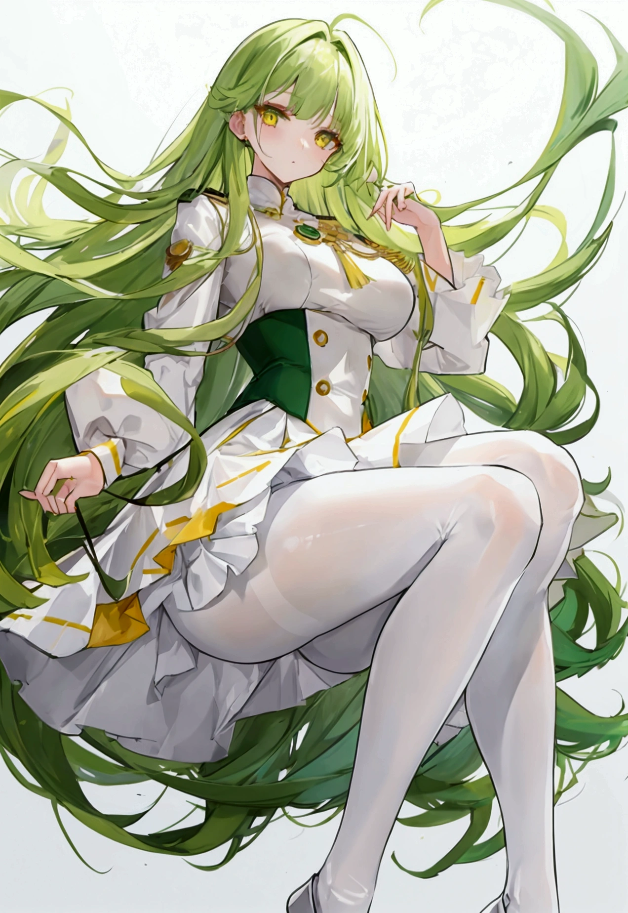 a woman with long dark green hair, yellow eyes,White pantyhose,White skirt,Bangs,