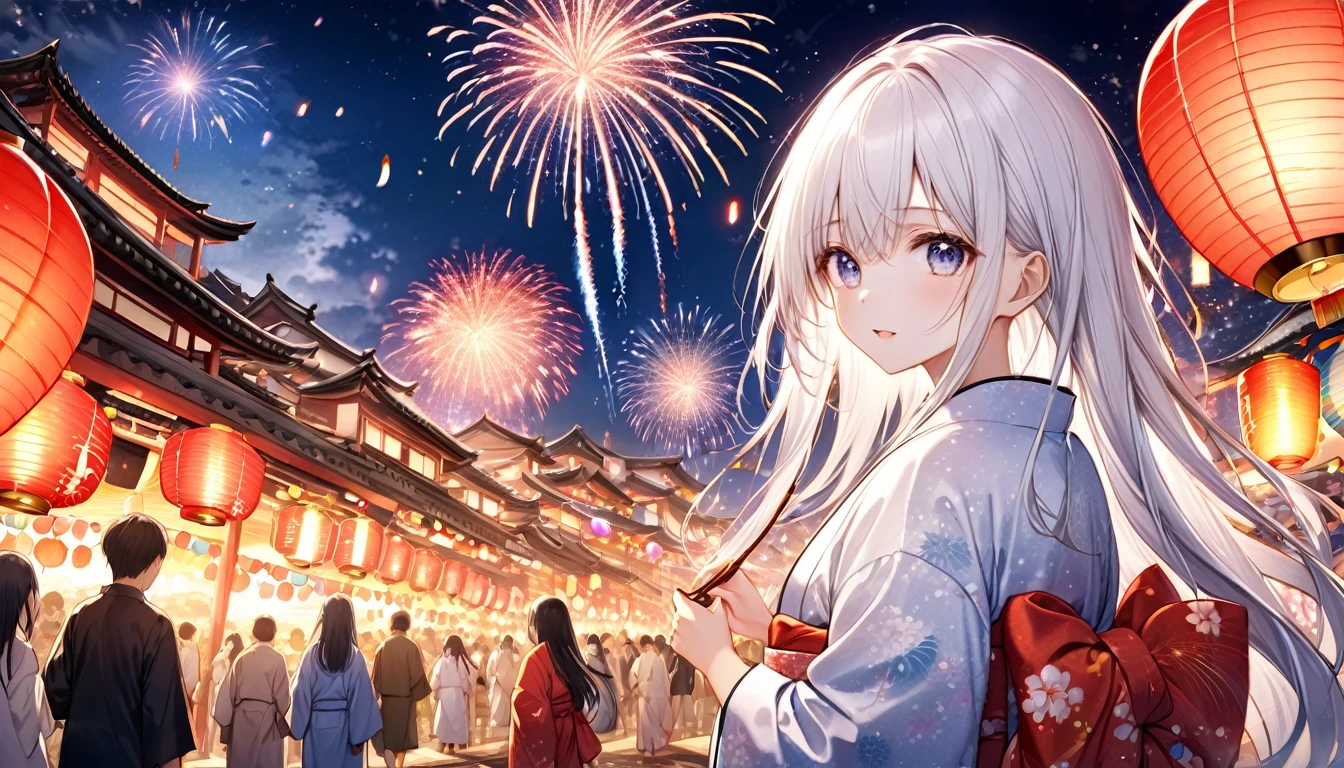 **57. One person。mysterious。Long-haired white-haired girl。Cowboy shot or close-up。 masterpiece , best quality , ultra detailed** - background: Night sky with fireworks、Festival lanterns are lit。 - Long-haired white-haired girl: Delicately drawn yukata、Sparkling Eyes。He has a fireworks launch pad in his hand。 - Effects: Light from fireworks、Colorful fireworks spreading across the night sky。