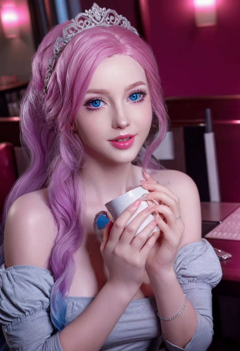 one girl, long light purple lilac hair, realistic green eyes, cleavage, large chest, no nudity, holding light green sage iPhone cell phone++, taking mirror selfie+, bright bedroom, sheer white curtains on windows, mirror selfie, sitting on bed, legs spread, wearing cute white lace crop top camisole and sheer white baggy lace shorts, hard nipples underneath shirt, close up, white American girl