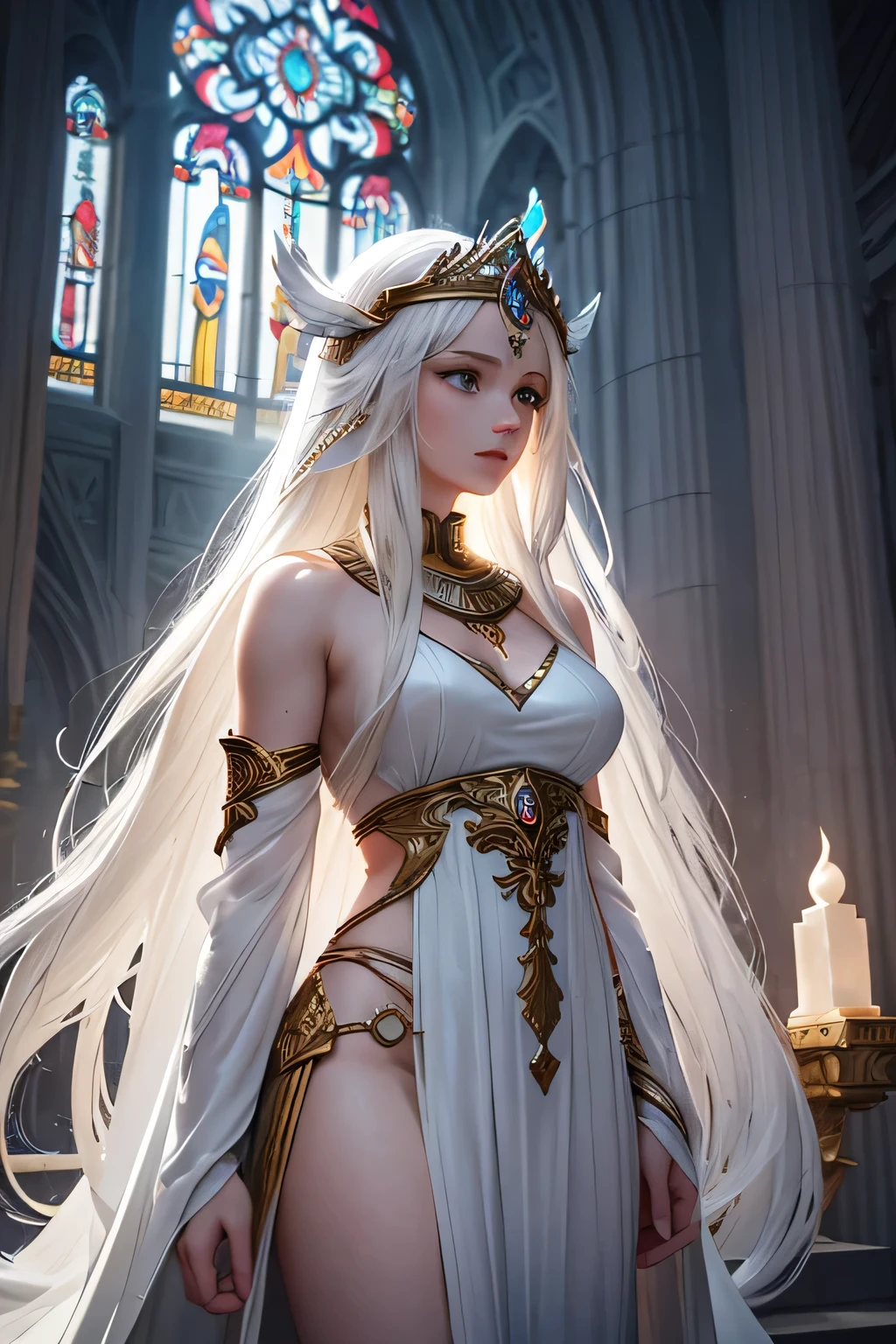 A long WHITE-haired Valkyrie stands gracefully in a magnificent temple, illuminated by the soft glow of moonlight filtering through stained glass windows. The temple is bathed in a mystical light, with shadows dancing on the marble floor. She is in deep conversation with the gods, their ethereal forms glowing with a faint, otherworldly light. The atmosphere is serene and majestic, with the grandeur of the temple and the sacredness of the moment emphasizing the Valkyrie's reverence and devotion in the tranquil night.(((upper body)))
