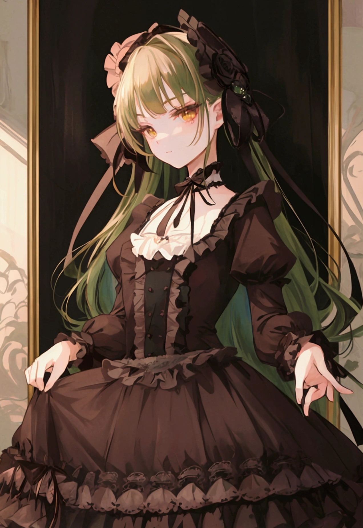masterpiece, Top quality, masterpiece, Top quality,Very detailed,{Top quality}, {{masterpiece}}, {high resolution},Dark green hair,Extremely refined},masterpiece, Top quality,Very detailed,{Top quality}, ((((ta)))), Ruffles、Evil Flower{high resolution}, 1 Girl, Yellow eyes,Long dark green hair
(Low Gothic:1.24)、