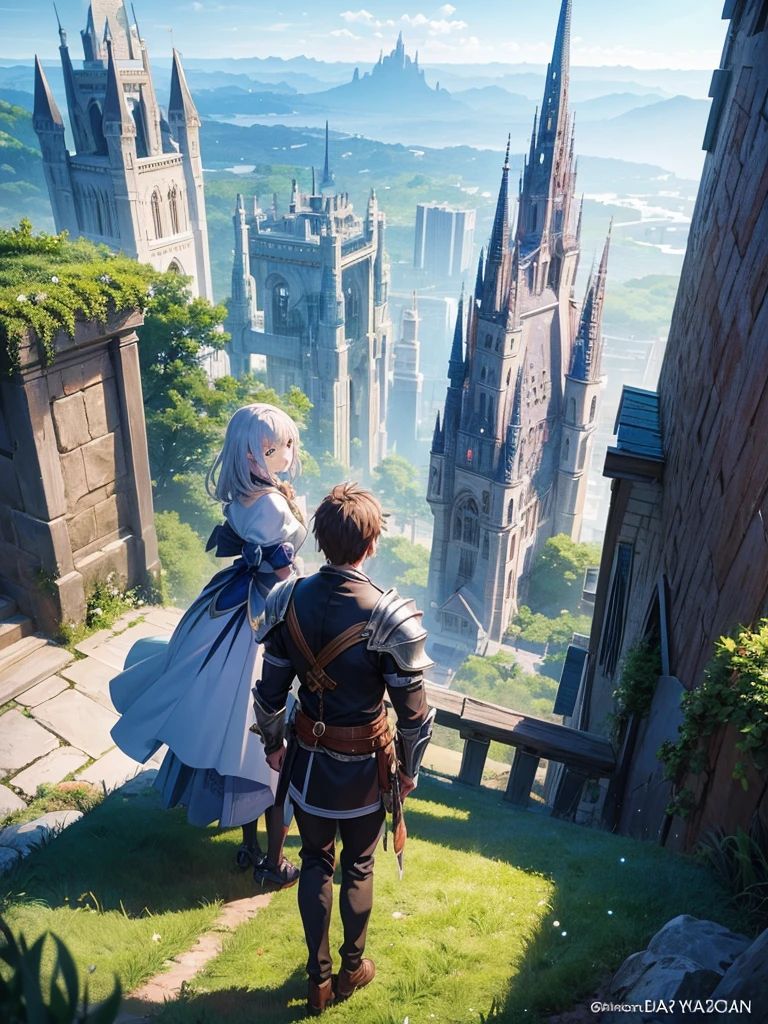 Manga cover, Girl stands back to back with a guy, the boy is dressed in a and the girl is dressed in magical fantasy armor, fantasy world and urban city, Isekai, dimension rift