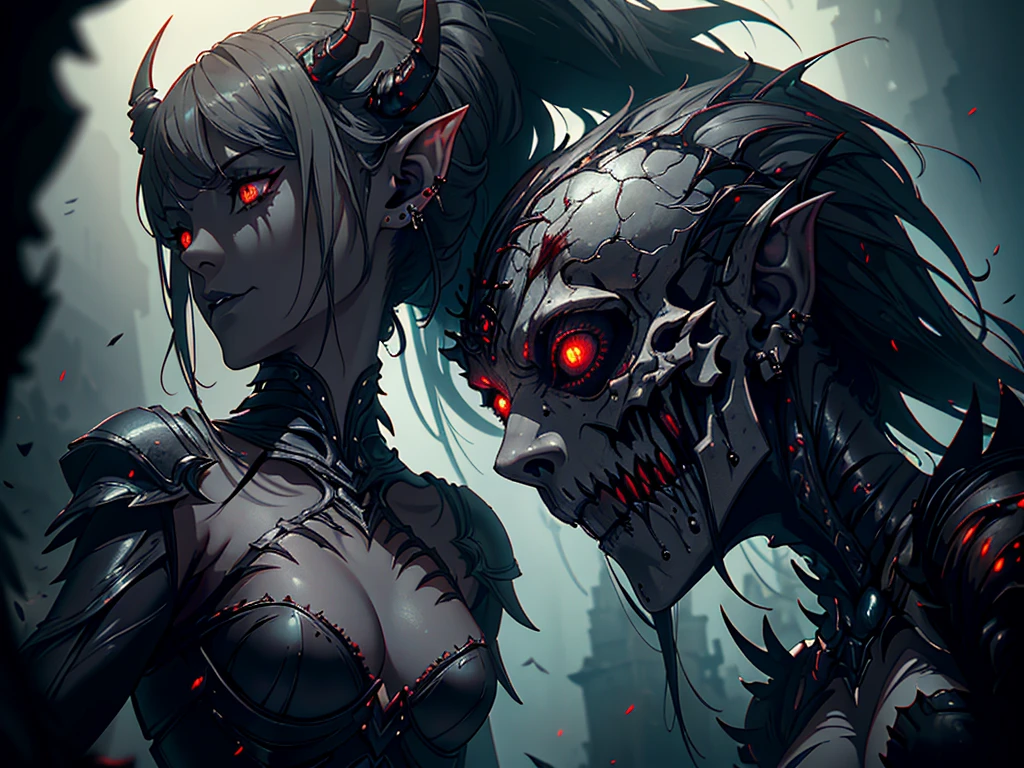 1girl, horror, dark elf princess, elden ring, (dark grey skin:1.5), true white long ponytail, ((perfect red eyes)), elf ears, earrings, detailed blood, highly detailed mechanical horns, (small breasts), ((black gothic prom dress)), wearing black fur cloak, bone armor, skull armor, volumetric lighting, ethereal fog, dark background, ultrasharp, best quality, masterpiece, realistic, anatomically correct, (strong cinematic lighting), ((rim lighting)), stunning details, intricate details, 8k post-production, high resolution, super details, sharp focus, depth of field f/1.8, studio photos, (((looking in the distance)))