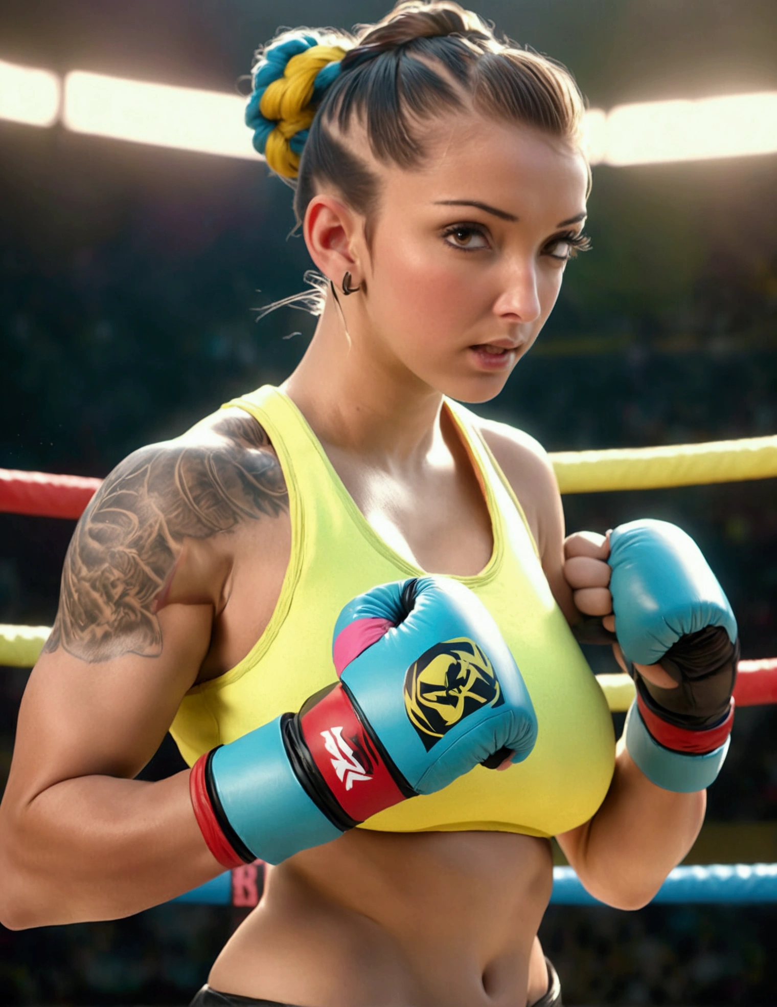 a beautiful young woman, athletic, with her hair tied up in a tight bun, wearing brightly colored MMA fighting gear, standing in an octagon fighting ring, viewed from a low angle outside the ring, masterpiece, (best quality, 4k, 8k, highres, ultra-detailed, realistic, photorealistic:1.37), professional studio lighting, physically-based rendering, extremely detailed description, vivid colors, sharp focus, octagon MMA fighting ring, athletic woman MMA fighter, tight bun hairstyle, colorful MMA outfit, low angle outside the ring, dynamic action pose