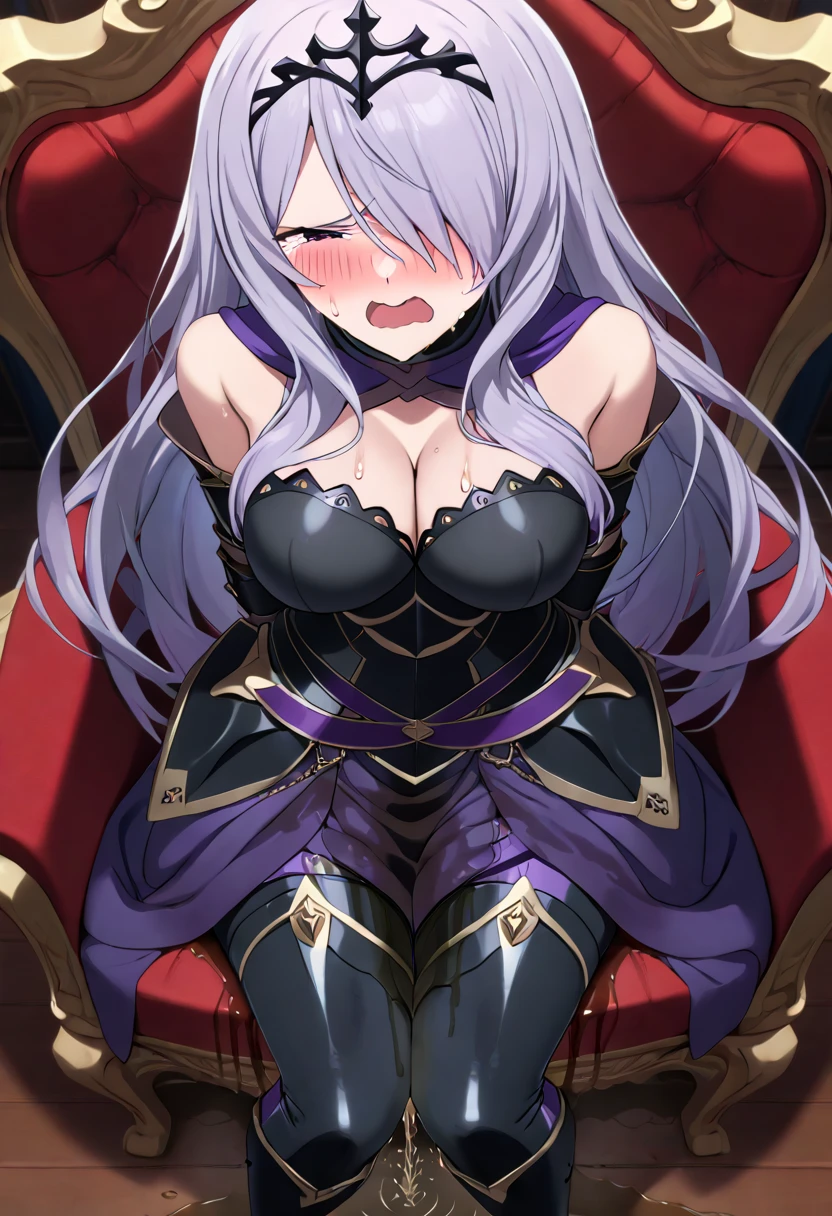 (high quality,Very detailed:1.37, High resolution), Woman, defCm, hair over one eye, black tiara, purple capelet, black armor, , gauntlets, gloves, armored legwear, armored leggings, , masterpiece, best quality, (wetting herself:2.0), embarrassed, humiliation, sweating, (blushing:2.0), (angry:1.5), tears, (sitting:1.5), throne, (hands behind back:2.0), from above, anime screencap