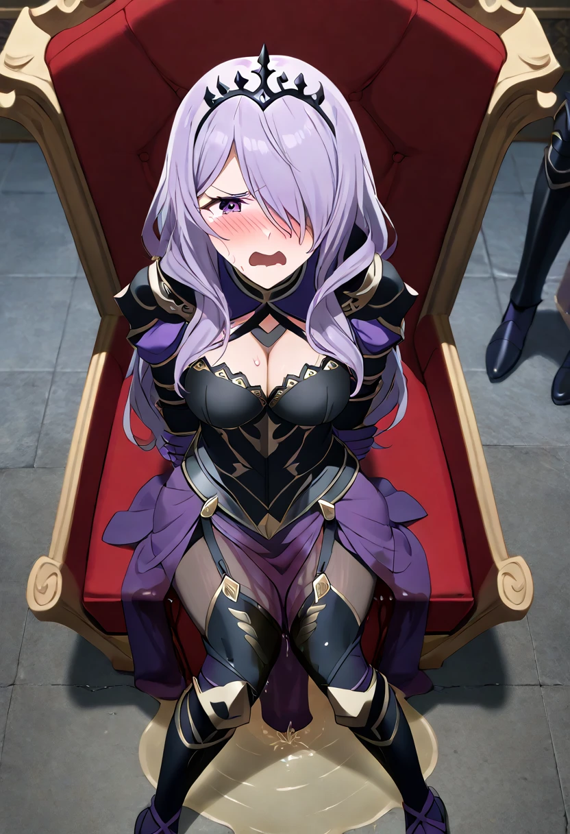 (high quality,Very detailed:1.37, High resolution), Woman, defCm, hair over one eye, black tiara, purple capelet, black armor, cleavage, gauntlets, gloves, armored legwear, armored leggings, see-through, masterpiece, best quality, (wetting herself:2.0), embarrassed, humiliation, sweating, (blushing:2.0), (angry:1.5), tears, (sitting:1.5), throne, (hands behind back:2.0), from above, anime screencap