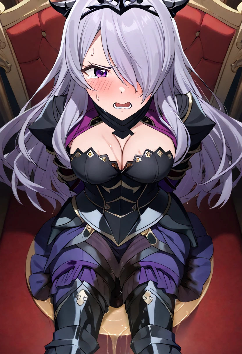 (high quality,Very detailed:1.37, High resolution), Woman, defCm, hair over one eye, black tiara, purple capelet, black armor, cleavage, gauntlets, gloves, armored legwear, armored leggings, see-through, masterpiece, best quality, (wetting herself:2.0), embarrassed, humiliation, sweating, (blushing:2.0), (angry:1.5), tears, (sitting:1.5), throne, (hands behind back:2.0), from above, anime screencap