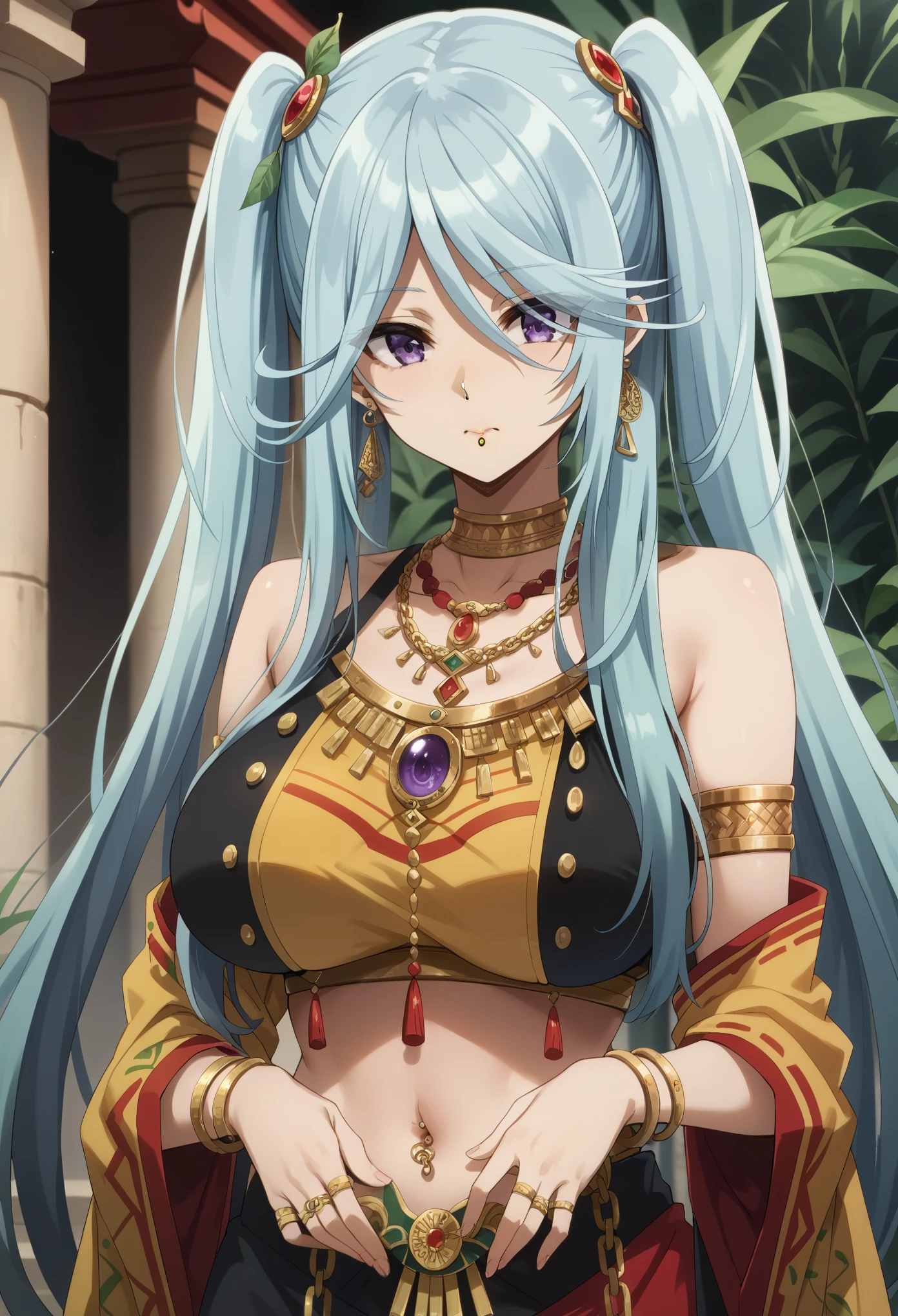 1girl,long hair,blue hair,purple eyes,twintails,,big breast,tall woman,full display of temple jewelry, a pair of earrings, necklace, bangles, navel piercing, ring, maang tikka highly detailed vray render, flash, high quality, 18k,, long hair, multicolored dress, hair ornament, golden embroidery, ancient indian, midriff peek, waist jewelry, (nose pin), armlet with golden chains, (close-up), golden shawl with intricate leaf embroidery, embroidered dress, (kamarband:1.1), veil over eyes,best quality,
