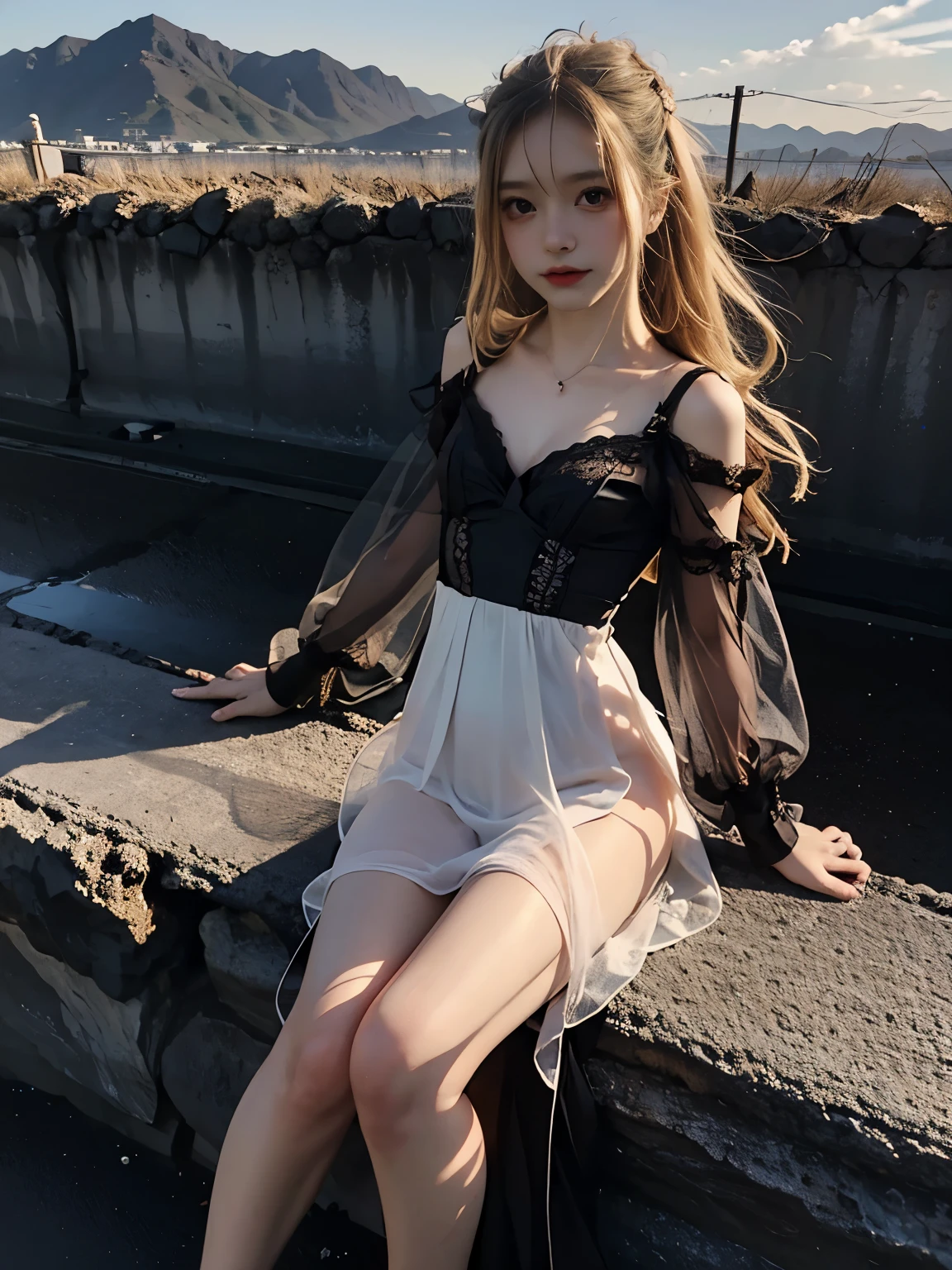 32K, Raw photo, Photorealistic, (Detailed skin, Best Quality:1.2), seductive succubus, (black wings), age Japanese girl with black angel wings flying high in the evening sky, ((see through evening dress, black lace dress)), (((flat chest:1.4))), (light blonde hair, long straight hair), (Neat face, pale skin), full body shot, translucent black cloth is wrapped around the body, thighs, sunset sky high, sunset light,Beautiful nipples,Light clothing,Are thin,