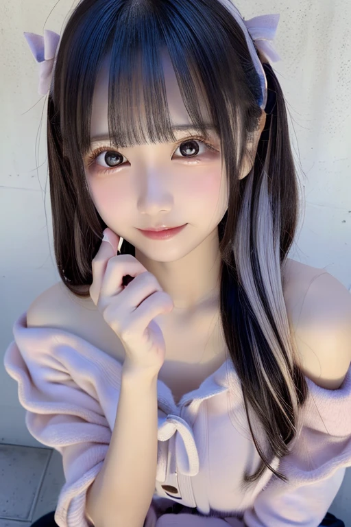 ((whole body))、Highest quality、High resolution、超High resolution（Real：1.4）、((jirai kei、Off the shoulder,chool:1.3)、18-year-old、Japanese women、Small breasts、(looking at the camera)、Cute round face、smile、((Shiny gray hair))、looking at the camera、Sparkling eyes、Lips shining with lip gloss、Natural light、(()）、Flat breasts、Small breasts、(smallバスト:1.4)、smallバスト、(slim、small、Flat、small)、thin、Delicate and sexy collarbone、One Girl、(beautiful girl、Delicate girl:1.3)、(18-year-old:1.3)、Very beautiful eyes、(Symmetrical eyes:1、Brown eyes、Parted bangs、(Eye and facial details:1.0) )、Real実写、Photogenic transparency、Detailed eyes、Gradation、Perfect anatomical figure、Woman with perfect body、Highly detailed skin、Highly detailed face、Beautiful eyes in every detail、Background Blur、Sexy pose、