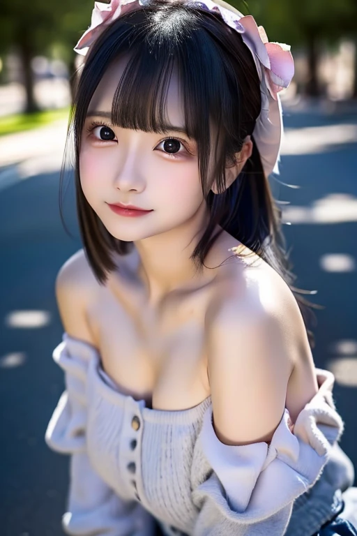 ((whole body))、Highest quality、High resolution、超High resolution（Real：1.4）、((jirai kei、Off the shoulder,chool:1.3)、18-year-old、Japanese women、Small breasts、(looking at the camera)、Cute round face、smile、((Shiny gray hair))、looking at the camera、Sparkling eyes、Lips shining with lip gloss、Natural light、(()）、Flat breasts、Small breasts、(smallバスト:1.4)、smallバスト、(slim、small、Flat、small)、thin、Delicate and sexy collarbone、One Girl、(beautiful girl、Delicate girl:1.3)、(18-year-old:1.3)、Very beautiful eyes、(Symmetrical eyes:1、Brown eyes、Parted bangs、(Eye and facial details:1.0) )、Real実写、Photogenic transparency、Detailed eyes、Gradation、Perfect anatomical figure、Woman with perfect body、Highly detailed skin、Highly detailed face、Beautiful eyes in every detail、Background Blur、Sexy pose、