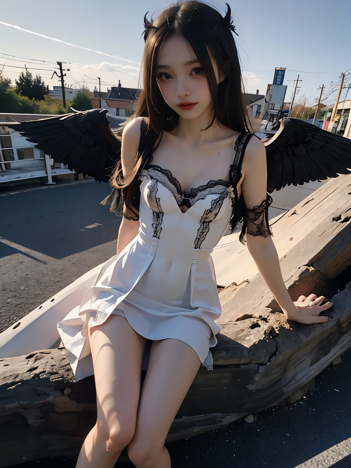 32K, Raw photo, Photorealistic, (Detailed skin, Best Quality:1.2), seductive succubus, (black wings), age Korean girl with big angel wings flying high in the evening sky, ((see through evening dress, pale blue lace dress)), (((flat chest:1.4))), (light blonde hair, long straight hair), (Neat face, pale skin), full body shot, translucent black cloth is wrapped around the body, thighs, sunset sky high, sunset light,(Are thin),(Flat Chest),(Thin legs),(Shoulders exposed skin),(The belly button and the surrounding area are exposed),(A beautiful girl),