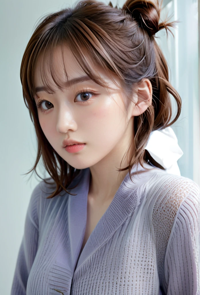 One girl, Brown Hair, Half-up hairstyle, Large pupil, precise, Textured skin, Body type: chubby, thin lips, medium length
