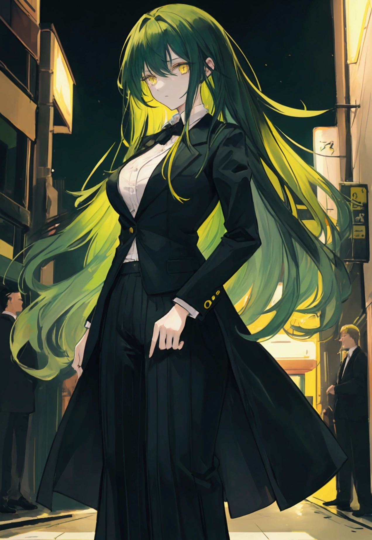 a woman with long dark green hair, yellow eyes, wearing a black suit, standing on a night street