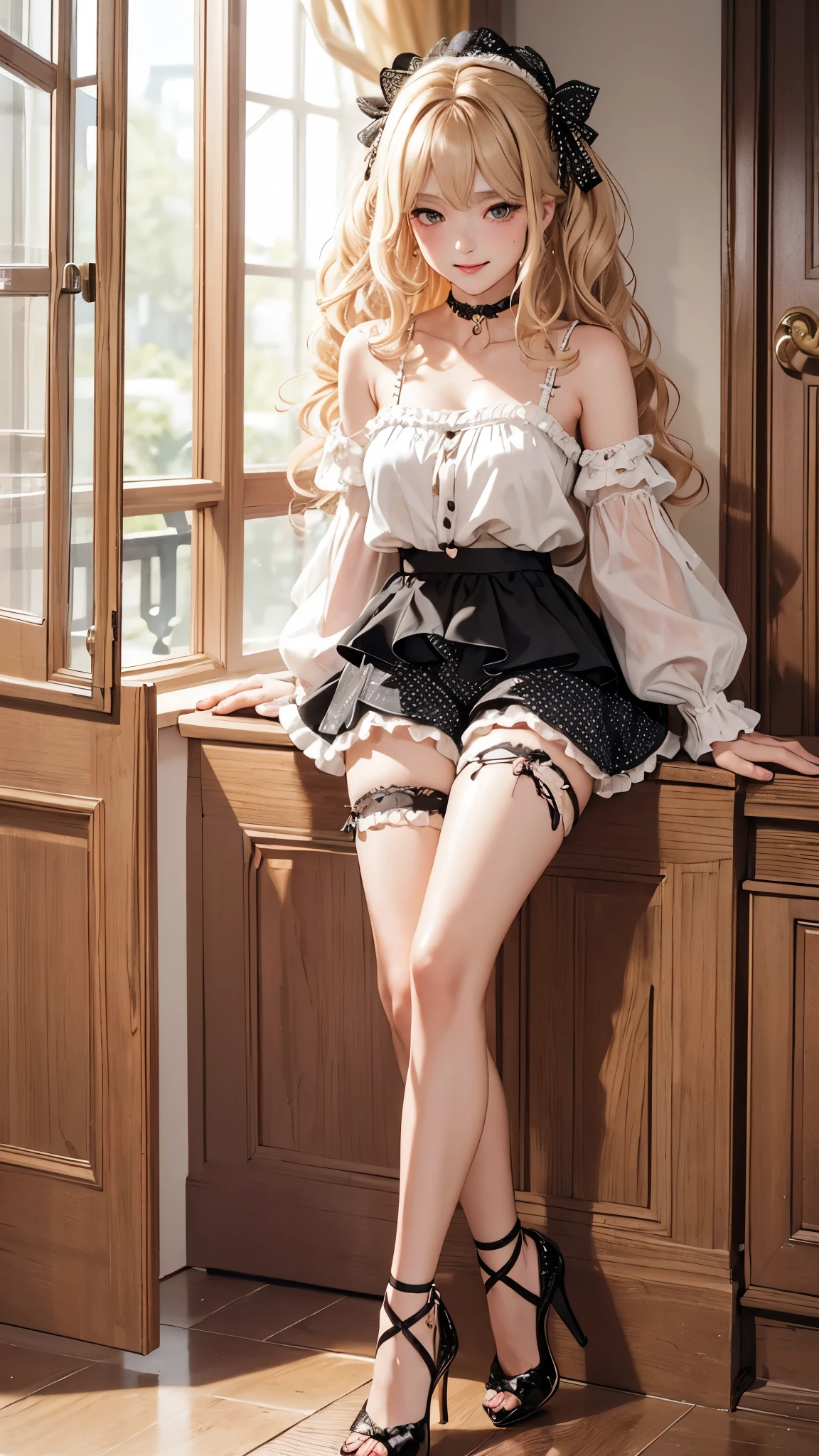 highly detailed, 1girl, (holding panties), ((smirk, blush)), blonde hair, wavy hair, choker, high heels, short shorts, full body, blouse , black polka dot panties, frills,
