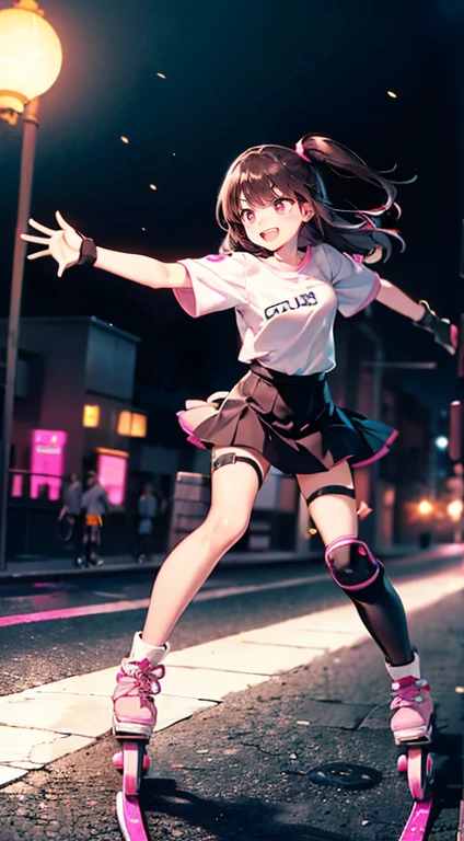 Highest quality、((Dark brown long hair、Two Side Up))、(((Pink inline skates、Knee and elbow protectors)))、Short-sleeved shirt、 girl、Knee-length skirt、Bright smile、Round droopy eyes、A lively and dynamic pose