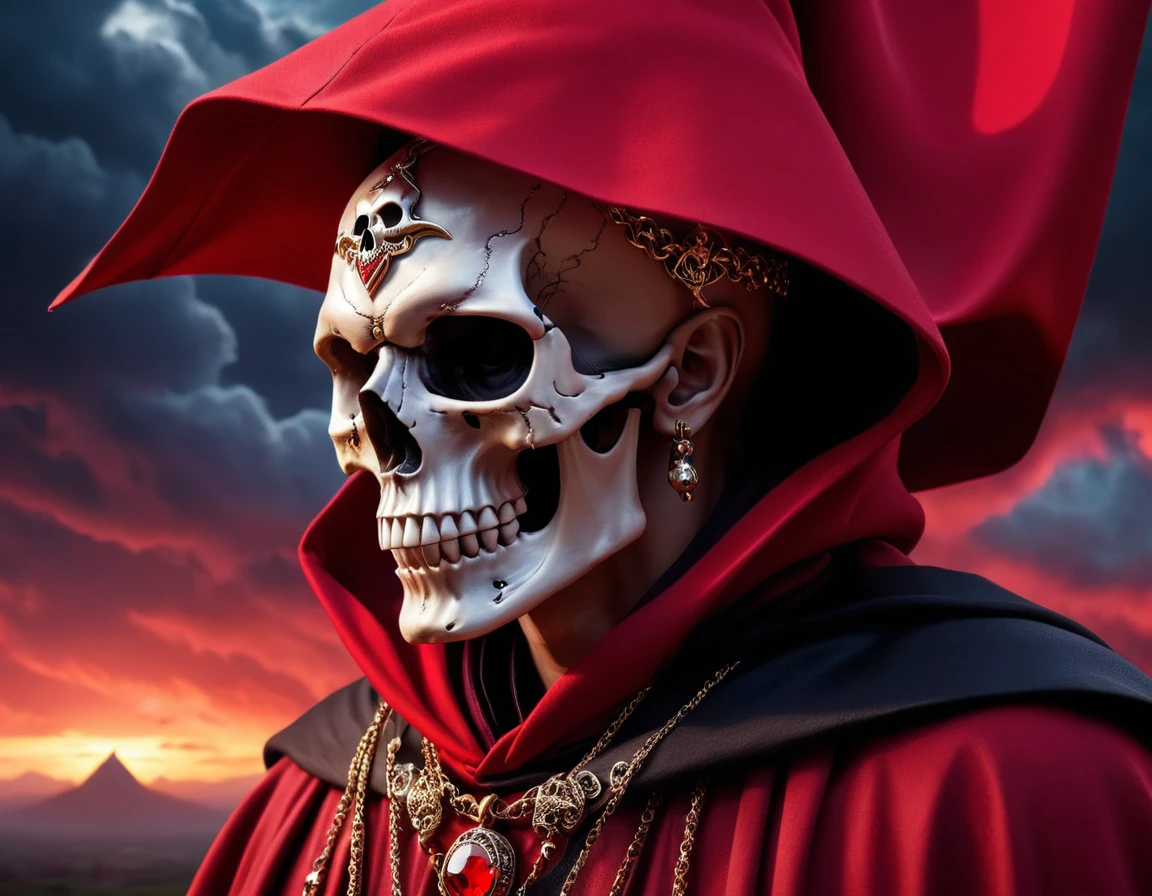 8K high-resolution images, Realist, Eyes on the forehead、Wearing a red cape、Great Wizard、He has a skull necklace around his neck.、Red sky and black clouds,