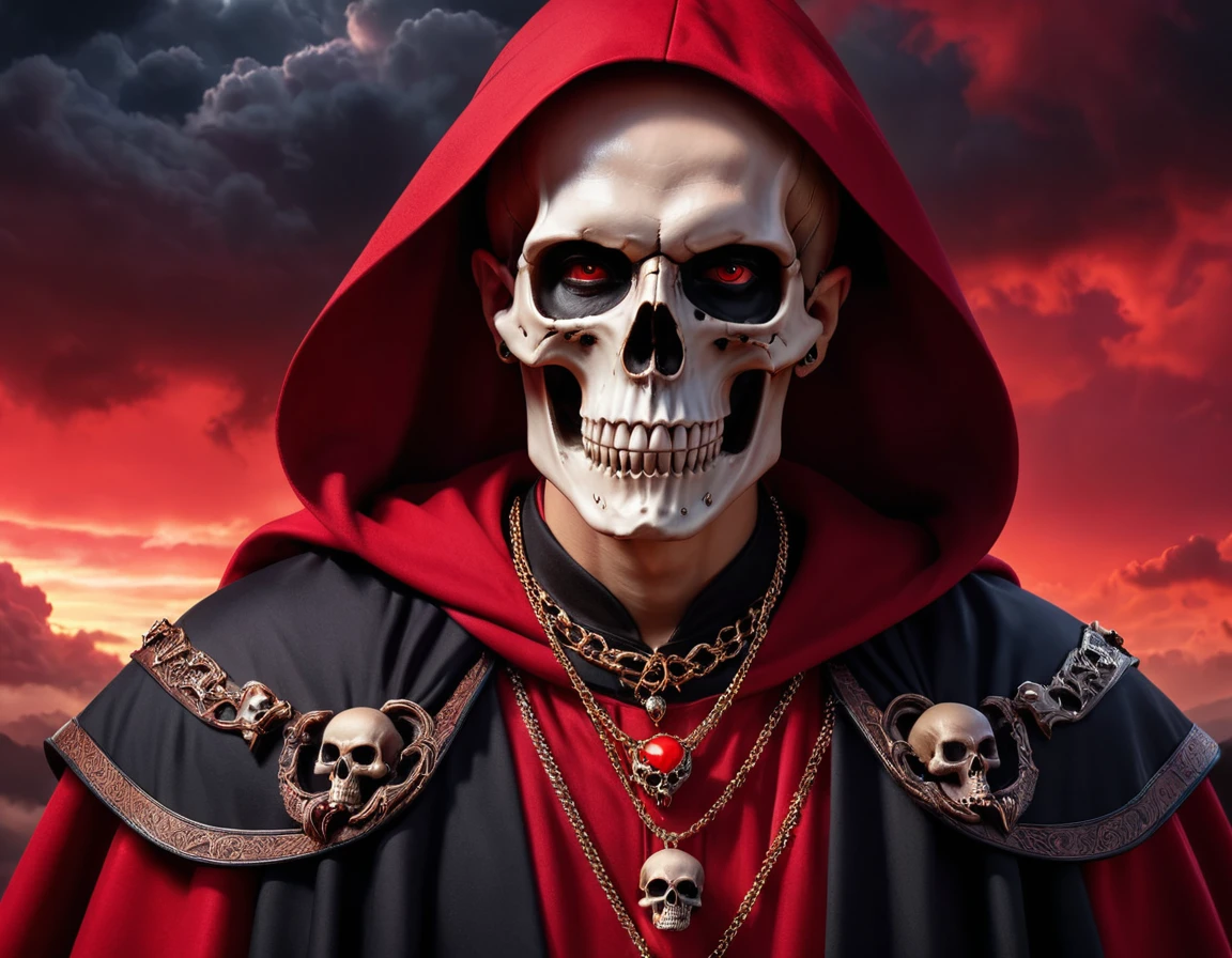 8K high-resolution images, Realist, Eyes on the forehead、Wearing a red cape、Great Wizard、He has a skull necklace around his neck.、Red sky and black clouds,