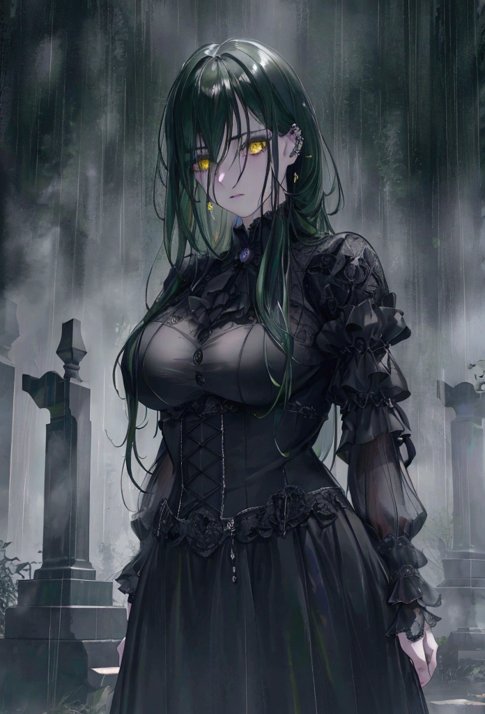 a beautiful girl in a dark rainy graveyard, long detailed dark green hair, piercing yellow eyes, perfect detailed facial features, dramatic chiaroscuro lighting, melancholy expression, mournful, (best quality,4k,8k,highres,masterpiece:1.2),ultra-detailed,(realistic,photorealistic,photo-realistic:1.37),detailed environment, ornate gravestones, overcast sky, rain, dramatic atmosphere