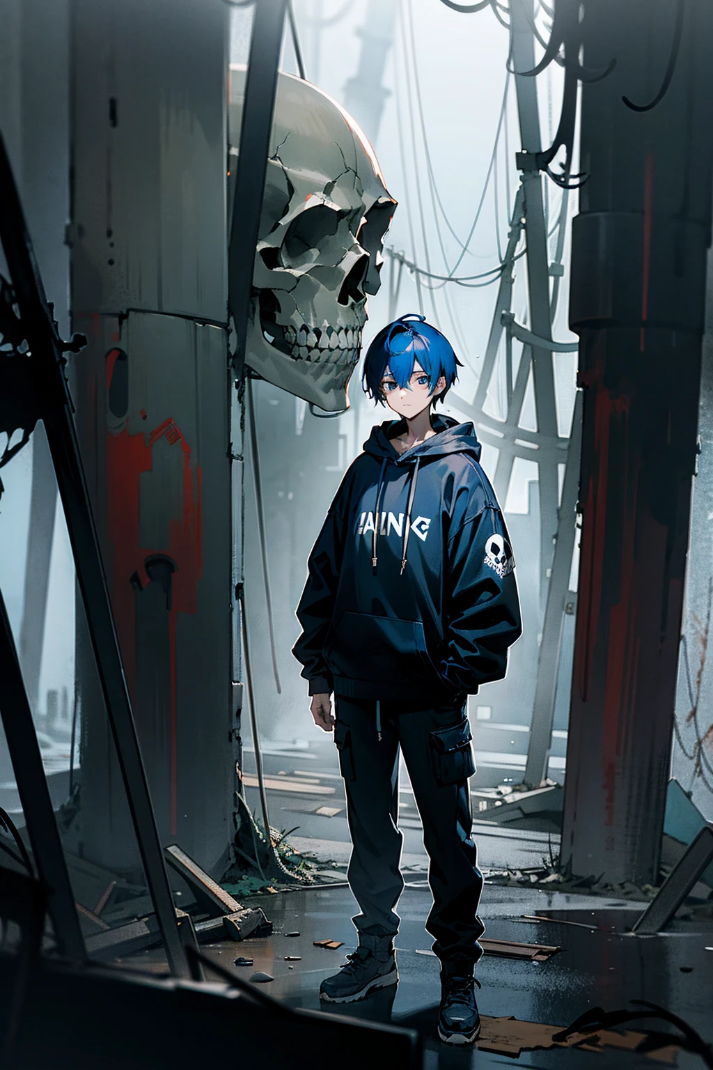 1male, midnight blue hair, black eyes, dark hoodie with skull designs, cargo pants, standing in an abandoned amusement park, masterpiece, 8k, eerie atmosphere, standing on path