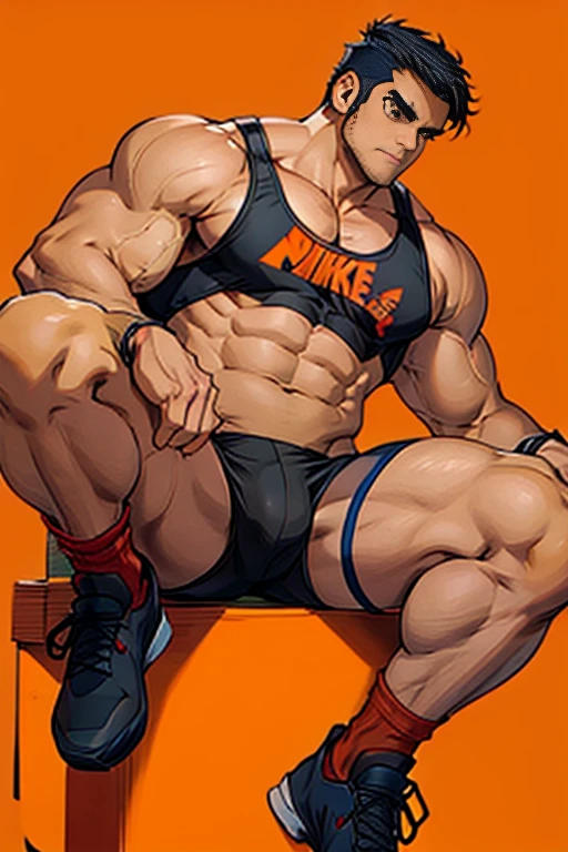 A male athlete，Wearing a red and blue Nike sleeveless top and black Nike shorts,He is muscular,Shot from below，Orange background,Wear Nike socks,sit