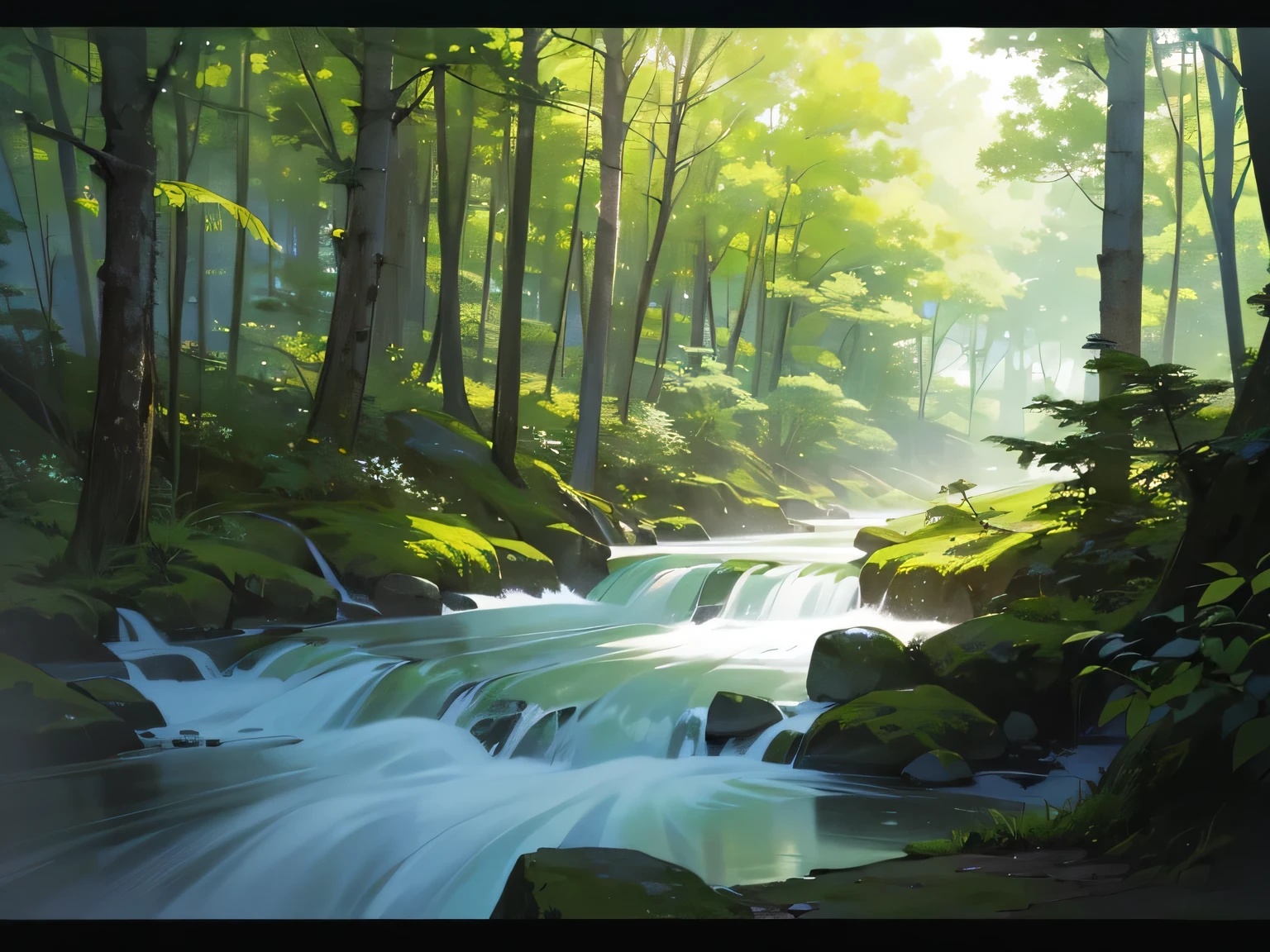 In the great outdoors、Lush trees々Inside、There is a river、It's flowing with a sound