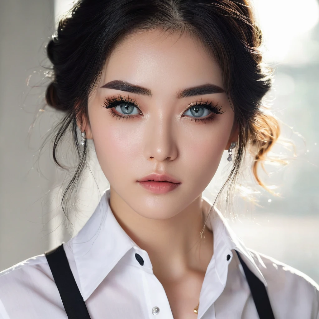 a beautiful woman with piercing eyes, long dark eyelashes, stunning eye makeup, wearing a white collared shirt, detailed portrait, keke artstyle, pieck character