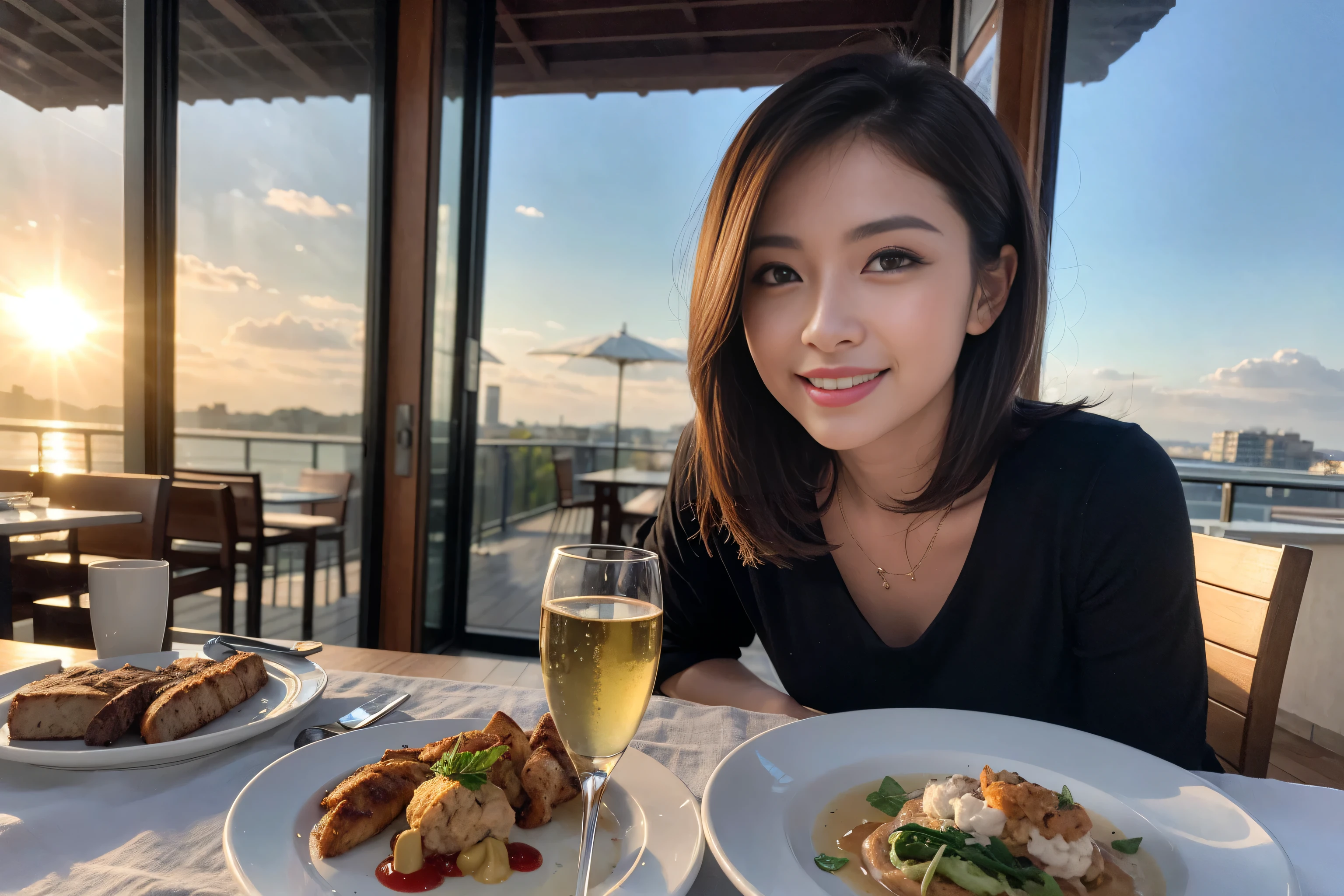 ((Highest quality、8k、masterpiece:1.3))、Slim couple、Model Couple、(Realistic, Intricate details:1.2), full-course dinner、Wine Party、Amazing view of the sunset sky and clouds、A bright smile、The wonderfulness of smile、Bright image、The beauty of wine, Beautiful Face, Blue eyes, The light shines on your face, blush, short hair,Bright Face、 (Age 37), 39 years old, red wine 、Appetizers、Italian food、Wine bottle、Champagne、sparkling wine、Two beauties、Brown Hair、Shortcuts、Long sleeve shirt、dress、Beautiful woman 1, (Slim face), (The body is slim), (Brown Hair), (Shortcuts), cheeks turn a little red,Attractive beauty、restaurant, In a prominent place (From the waist up) Nova Frog Style, actress, model, Upper Body, White wine, slim, wine glass, A wine glass placed in the center, smile, (smile: 1.15), Beautiful fine grain, Depth f/2,saturation, High Contrast, Strong light and shadow,Moist Body:1.5、3D texture、Delicate eyes、Brown Hair、The hair is very shiny、