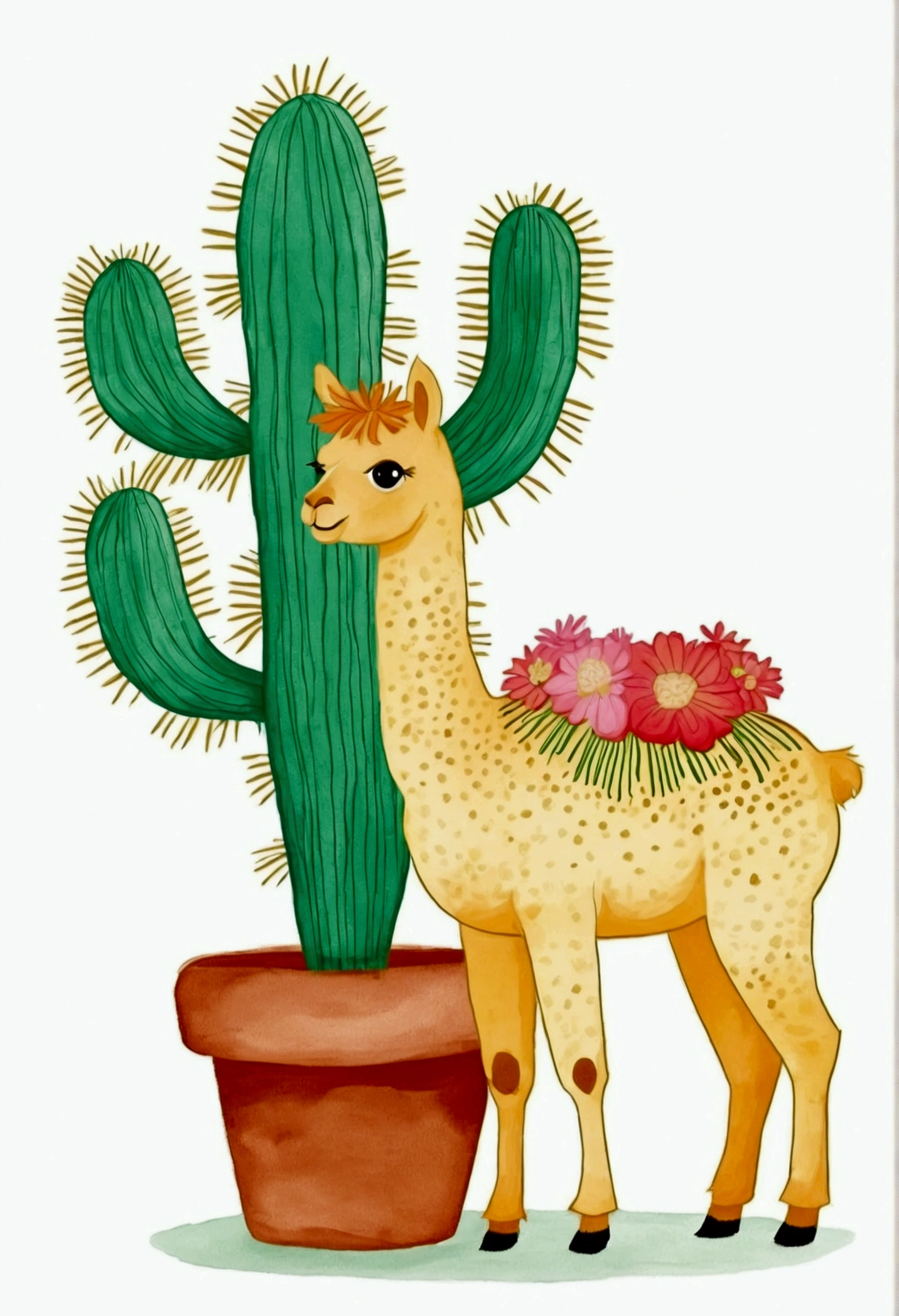 Decorative paintings:Childish Art,Cute cartoon alpaca,Flowering cactus,Dot,line