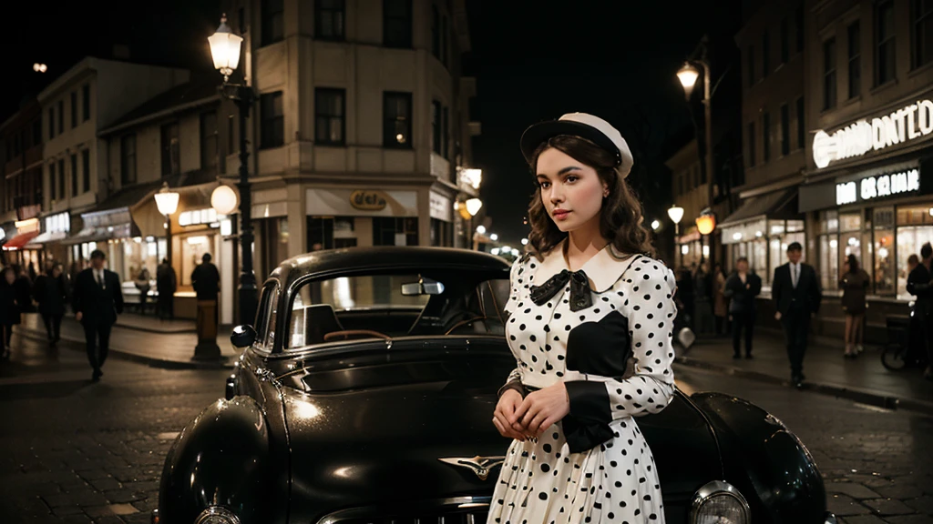 A vintage black and white photograph of an elegant woman standing beside a classic car on a city street at night. The woman has a timeless, glamorous appearance, wearing a stylish dress with polka-dotted sleeves and a matching hat adorned with a decorative brooch. Her hair is styled in soft waves, and she has a confident, poised expression. The street is lit by old-fashioned lampposts, and the blurred background suggests a serene, evening atmosphere typical of a bygone era. The overall scene exudes a sense of classic Hollywood glamour and sophistication.