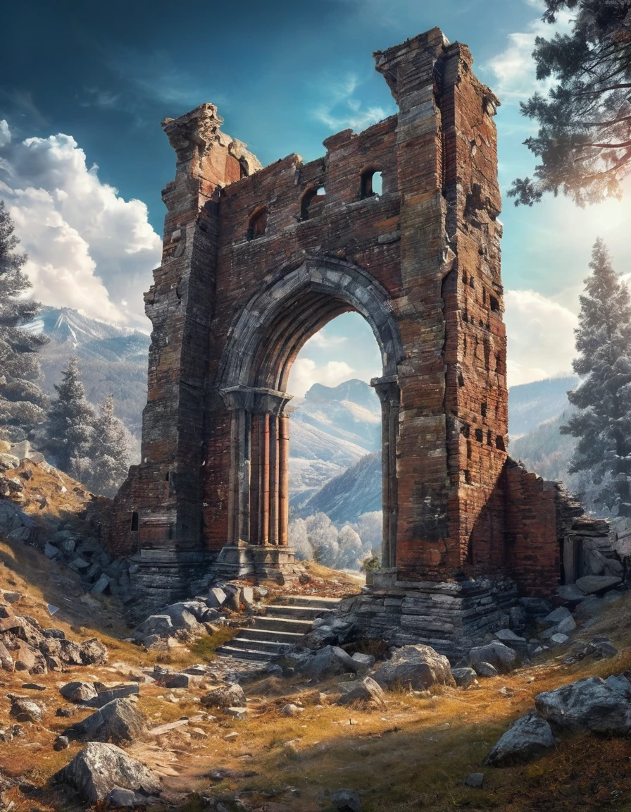 over a snowy mountain landscape on a flying rock the ruins of a destroyed brick elegant viaduct night space milky way coniferous trees many small details gothic filigree colorful gloomy professional photo HDR hyper detail realistic CGI high resolution quality precision clarity sharpness natural f/16 1/250s also 100mm 64К