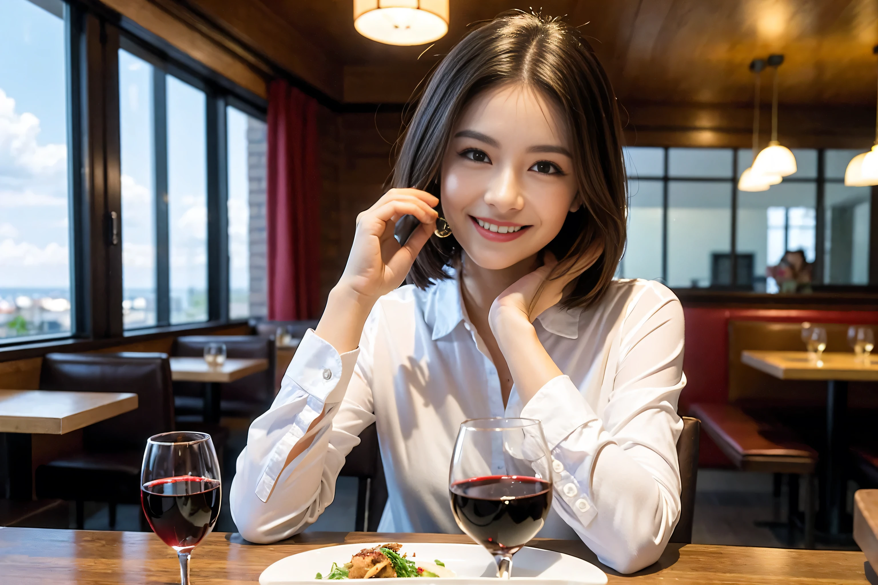 ((Highest quality、8k、masterpiece:1.3))、cute、Slim couple、Model Couple、Actress、(Realistic, Intricate details:1.2), full-course dinner、Wine Party、Amazing view of the sunset sky and clouds、A bright smile、short hair,Bright Face、 (45 years old), 49 years old, red wine 、Appetizers、Italian food、Wine bottle、Champagne、sparkling wine、Two beauties、Brown Hair、Shortcuts、Long sleeve shirt、dress、Beautiful woman 1, (Slim face), (The body is slim), (Brown Hair), (Shortcuts), cheeks turn a little red,Attractive beauty、restaurant, In a prominent place (From the waist up) Nova Frog Style, actress, model, Upper Body, White wine, slim, wine glass, A wine glass placed in the center, smile, (smile: 1.15), Beautiful fine grain, Depth f/2,saturation, High Contrast, Strong light and shadow,Moist Body:1.5、3D texture、Delicate eyes、Brown Hair、The hair is very shiny、