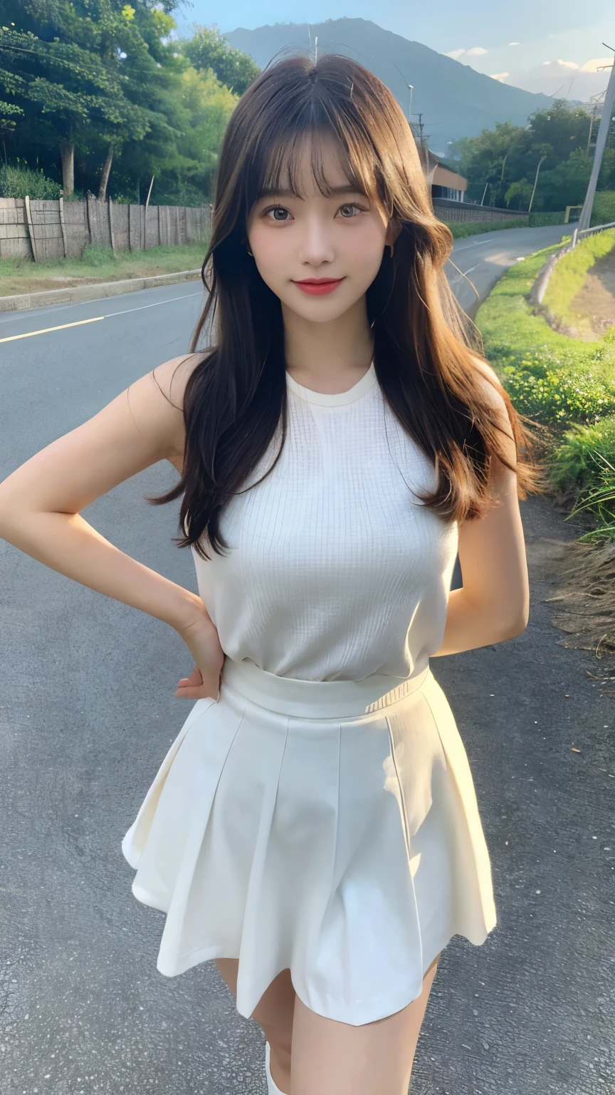 Chinese Girl、17 year old girl、Long hair、Bangs、Brown eyes、Perfect body、transparency、luster、Large Breasts、tight skirt,Cute face,Full figure,Seductive Stance,Rural,Dilapidated mountain village,Dirt Road,dance,Carve idol poses、sock、Standing,Beautiful Feet,Long legs、whole body、panoramic、I can see your thighs、Smile,Farmers passing by,A little yellow dog passing by