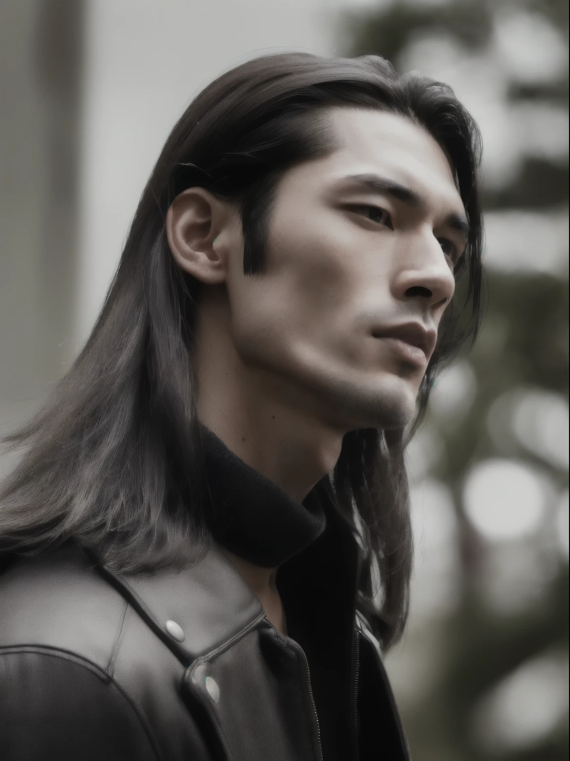 (8k, RAW photo, best quality, masterpiece:1.2), (realistic, photo-realistic:1.37), ultra-detailed, (high detailed skin:1.2), handsome man, asian, pale skin, black eyes, (brunette black long hair:1.3) brutal, profile shot, looking at viewer, 8k uhd, dslr, soft lighting, high quality, film grain, Fujifilm XT3, professional lighting, 