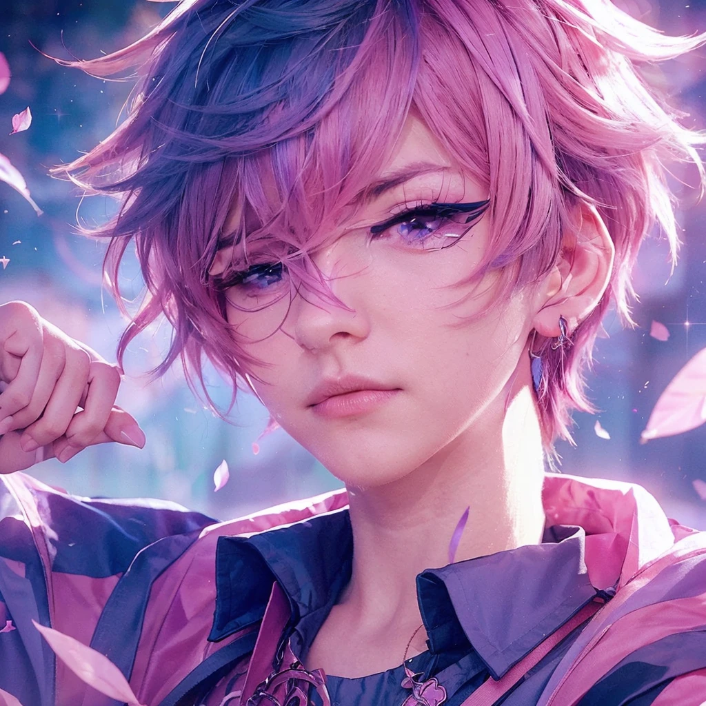 Boy with pink hair and a gradient to purple, pink eyes and a background with flower petals, realistic, ultra realistic portrait