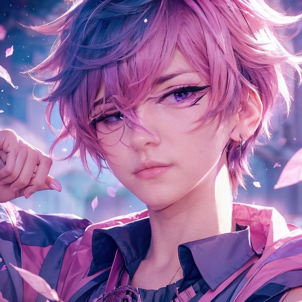 Boy with pink hair and a gradient to purple, pink eyes and a background with flower petals, realistic, ultra realistic portrait