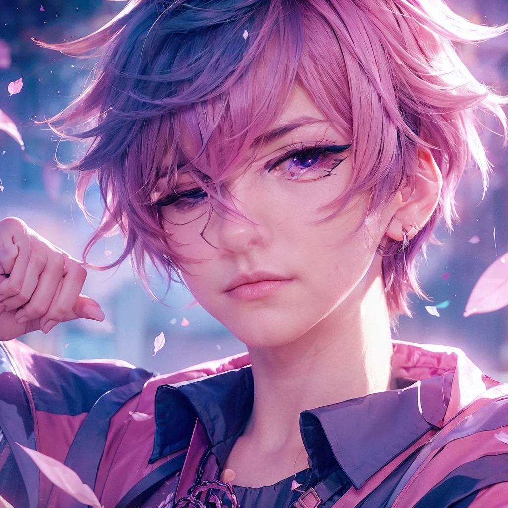 Boy with pink hair and a gradient to purple, pink eyes and a background with flower petals, realistic, ultra realistic portrait