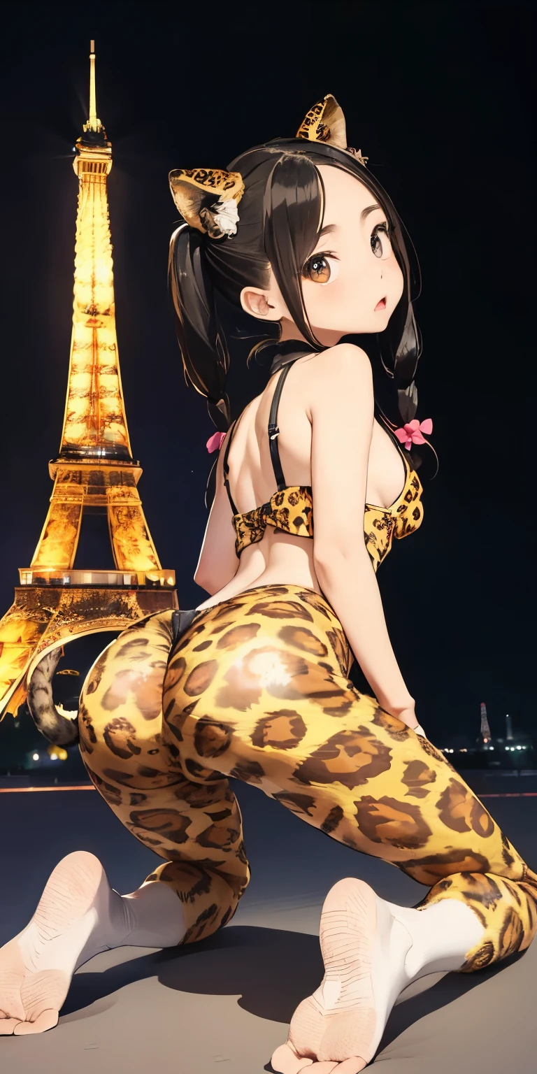 ((10 year old twin tail girl))Realistically、(On all fours with head low and buttocks sticking up、)Tail Emphasiouth open and sexy expression、Emphasis on breast valley、Wearing a full-body leopard print bodysuit、Various sexy poses、Background Eiffel Tower at night