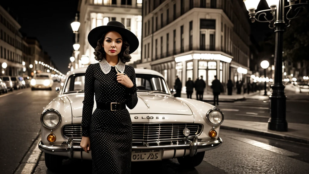 A vintage black and white photograph of an elegant woman standing beside a classic car on a city street at night. The woman has a timeless, glamorous appearance, wearing a stylish dress with polka-dotted sleeves and a matching hat adorned with a decorative brooch. Her hair is styled in soft waves, and she has a confident, poised expression. The street is lit by old-fashioned lampposts, and the blurred background suggests a serene, evening atmosphere typical of a bygone era. The overall scene exudes a sense of classic Hollywood glamour and sophistication.