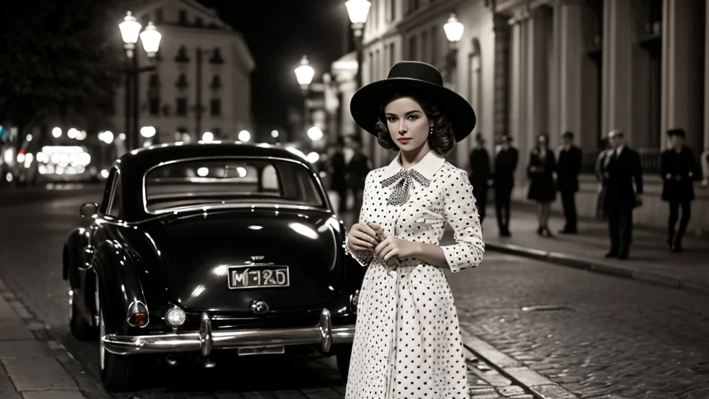 A vintage black and white photograph of an elegant woman standing beside a classic car on a city street at night. The woman has a timeless, glamorous appearance, wearing a stylish dress with polka-dotted sleeves and a matching hat adorned with a decorative brooch. Her hair is styled in soft waves, and she has a confident, poised expression. The street is lit by old-fashioned lampposts, and the blurred background suggests a serene, evening atmosphere typical of a bygone era. The overall scene exudes a sense of classic Hollywood glamour and sophistication.