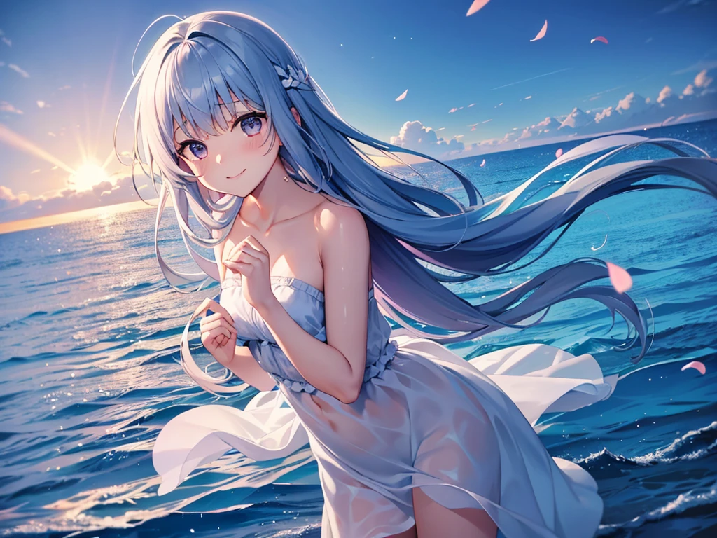 Highly detailed face, water effects、Light effects、Feather effect,Sparkling eyes,Highlighted eyes, medium breasts,pretty girl,smile,Cat ear,Beautiful silver hair,Pink inside,Beautiful pink eyes ,an orange、pink there、Yellow blends to fill the sky、The sunset over the beach is truly mesmerizing。The crystal clear sea gently kisses the shore、White sand beaches stretch everywhere。Seagulls soar high into the sky、It is a dynamic and breathtaking scene with palm trees gently swaying。Embrace a calm atmosphere、Peace washes you。