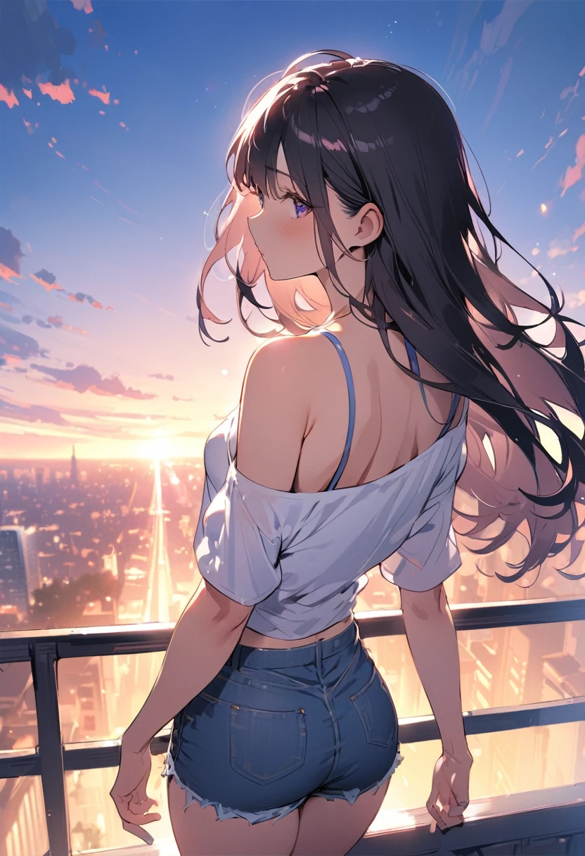 ((Highest quality))、((masterpiece))、(detailed)、(makoto shinkai)、((Anatomically correct))、(High resolution、8k)、(Beautiful Skin:1.1)、One woman、Back view、3 meters apart、(Beautiful eyes:1.2)、Overlooking the city from the top of the hill、Beautiful sunset、Long hair flutters in the wind、Black Hair、White shirt、Denim hot pants、sneakers、