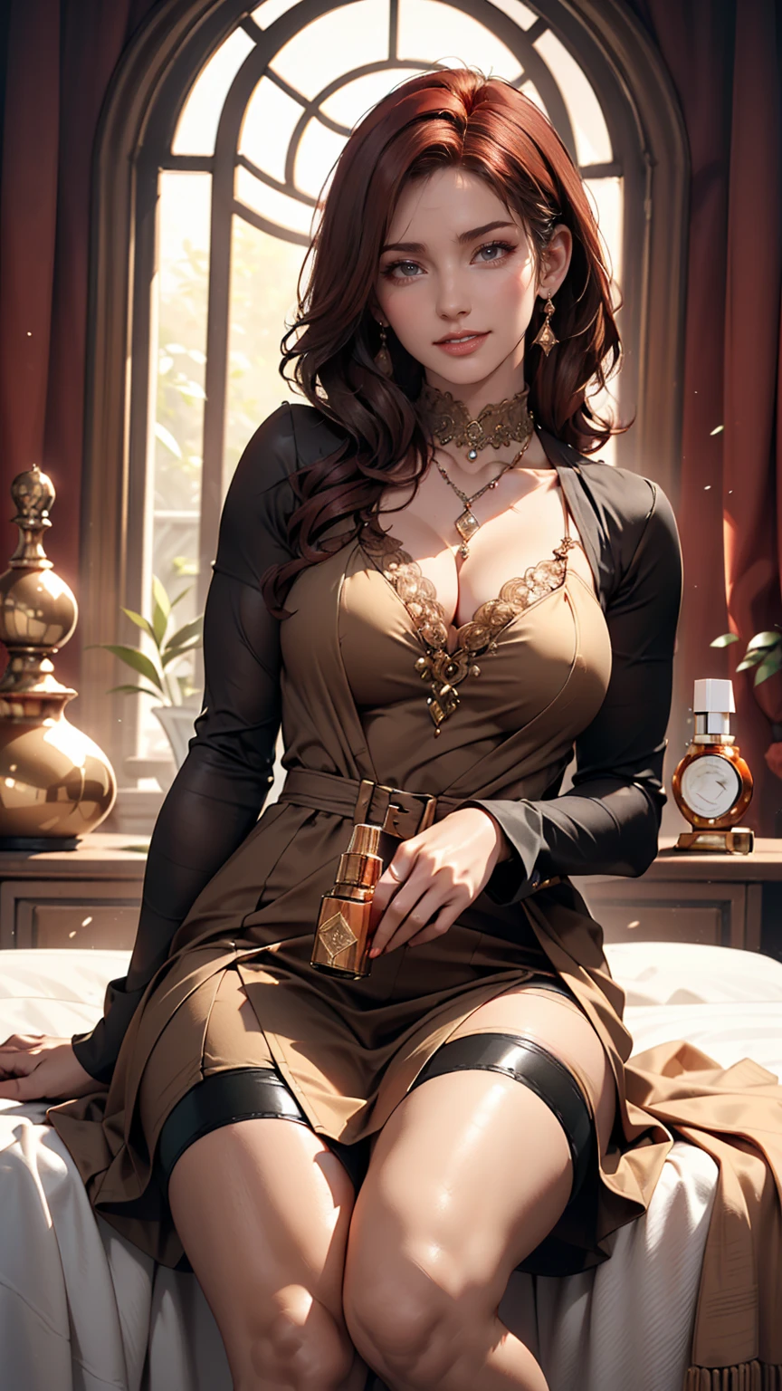 ((masterpiece,Highest quality)), 4K, High resolution, One girl, alone, smile, Brown dress((slit deep)), Exposed thighs、(Perfumer's Outfit 2:1.2), 、Stiletto heels、Curly Hair((curly hair))、Red inner color((colored inner hair))、Crystal Earrings((crystal earrings))