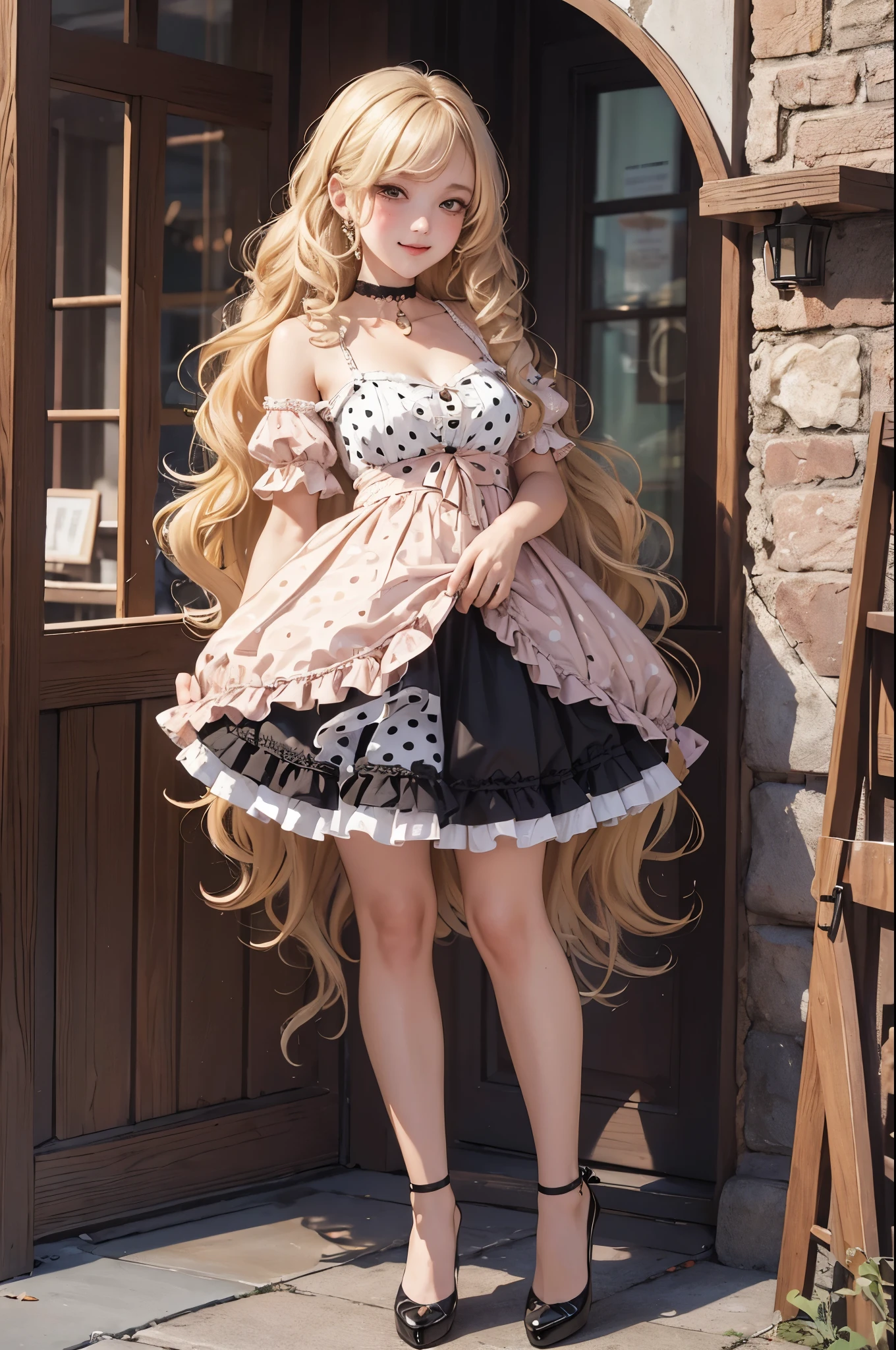 highly detailed, 1girl, (holding panties), ((smirk, blush)),   blonde hair,  wavy hair, choker, high heels, short shorts, full body, blouse , black polka dot panties, frills,   