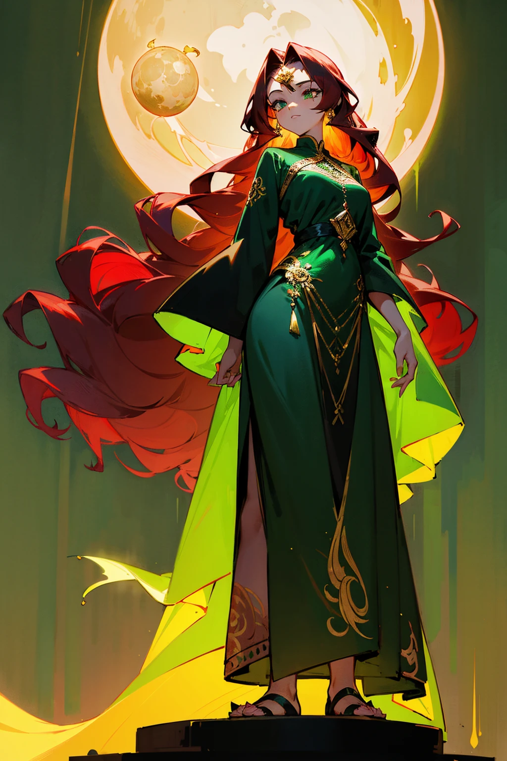 1female, Masterpiece, 8k, a woman with long, wavy maroon hair and emerald green eyes, dressed in a flowing black dress with golden sunburst embroidery, and gold strappy sandals. The background features a mystical forest with bioluminescent plants and a glowing moon. Standing on path.