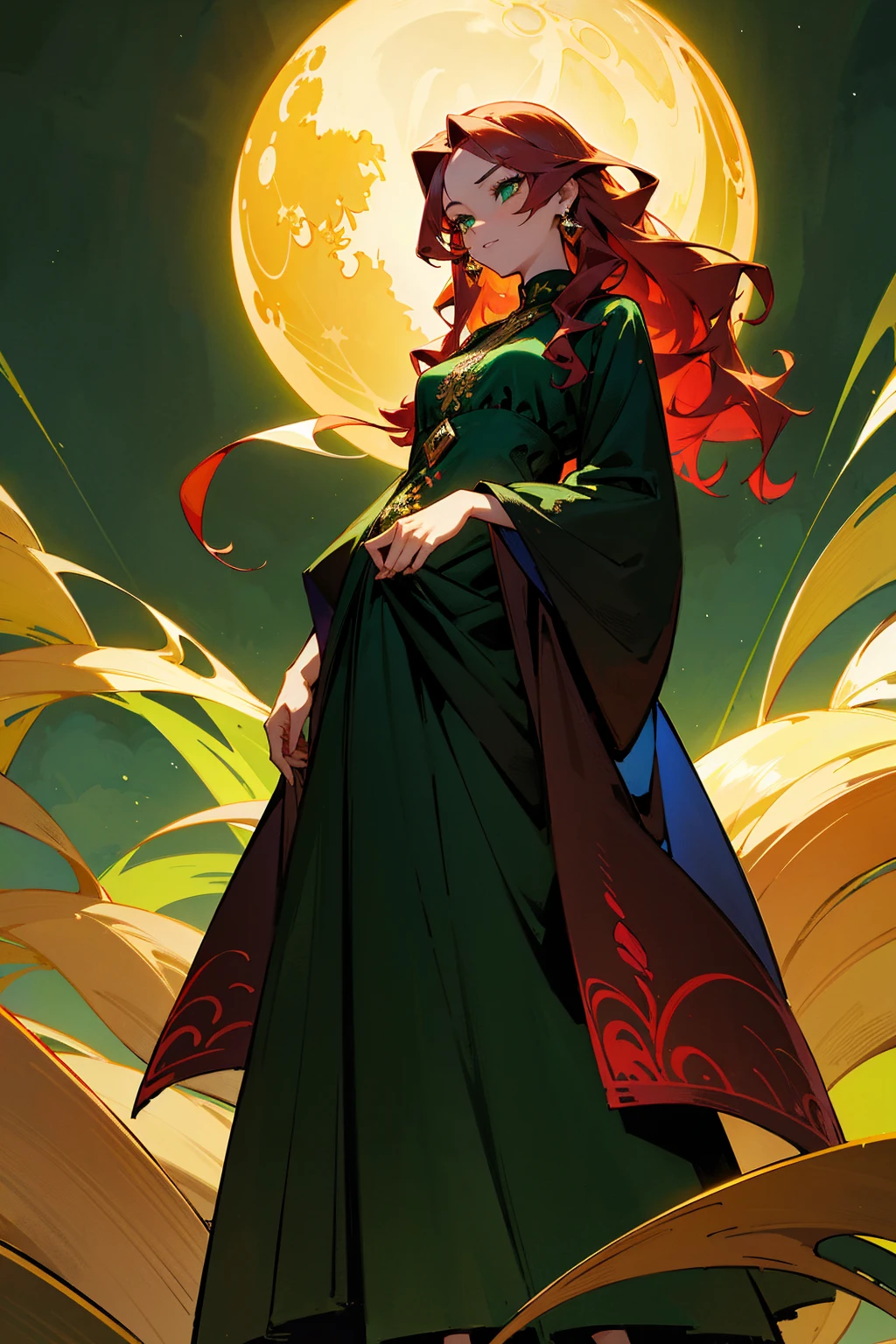 1female, Masterpiece, 8k, a woman with long, wavy maroon hair and emerald green eyes, dressed in a flowing black dress with golden sunburst embroidery, and gold strappy sandals. The background features a mystical forest with bioluminescent plants and a glowing moon. Standing on path.